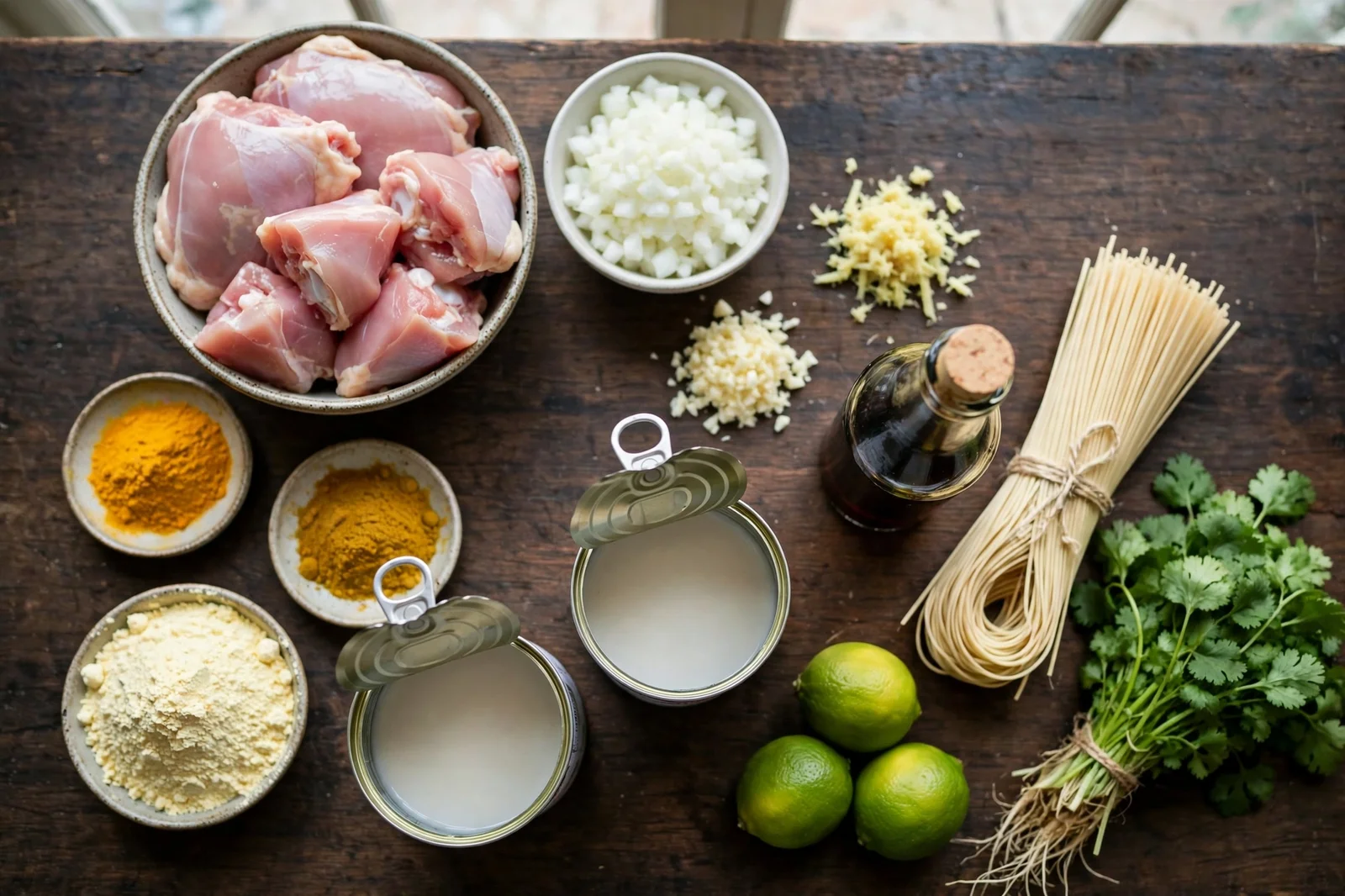 Ingredients for ohn no khao swe laid out on a wooden counter: raw chicken thigh pieces, diced onion, minced garlic, grated ginger, ground turmeric, curry powder, chickpea flour, coconut milk, fish sauce, dried wheat noodles, limes, and cilantro
