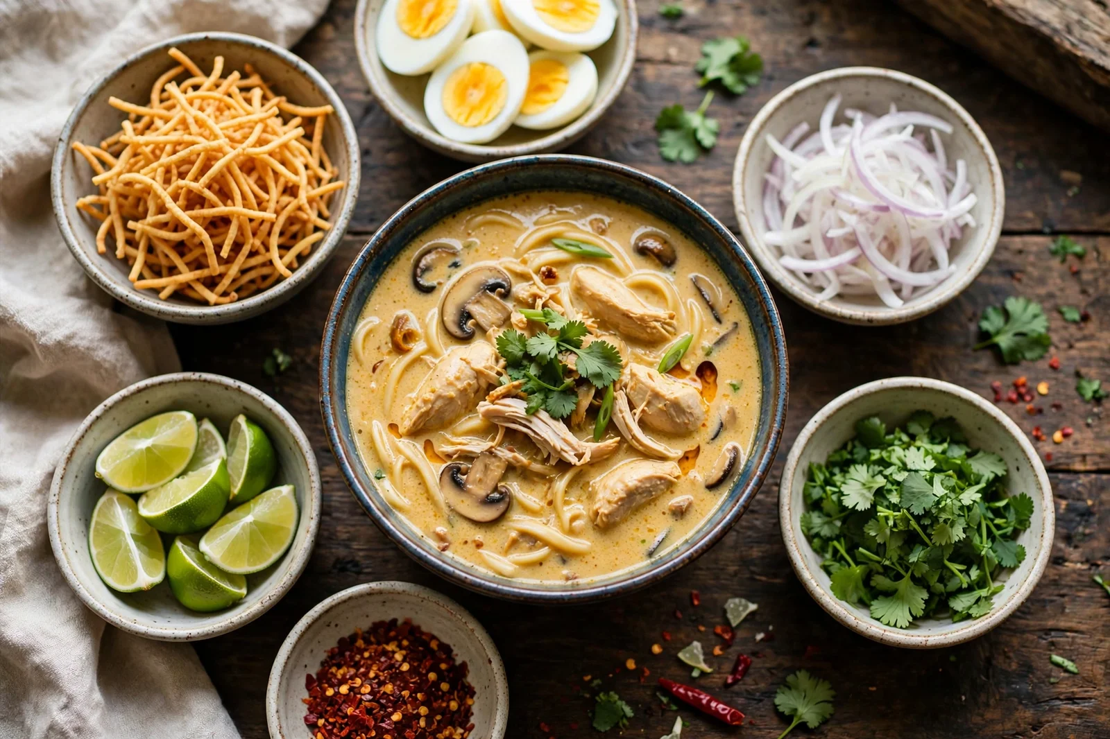 Small bowls of soup toppings on a dark table: crispy fried noodles, hard-boiled egg halves, sliced raw onion, chopped cilantro, chili flakes, and lime wedges around a bowl of coconut chicken noodle soup