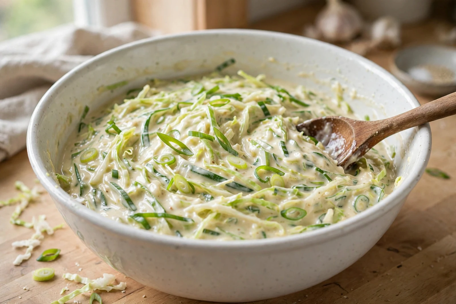 A large bowl of okonomiyaki batter with fine ribbons of shredded cabbage and sliced green onions, gently folded and resting