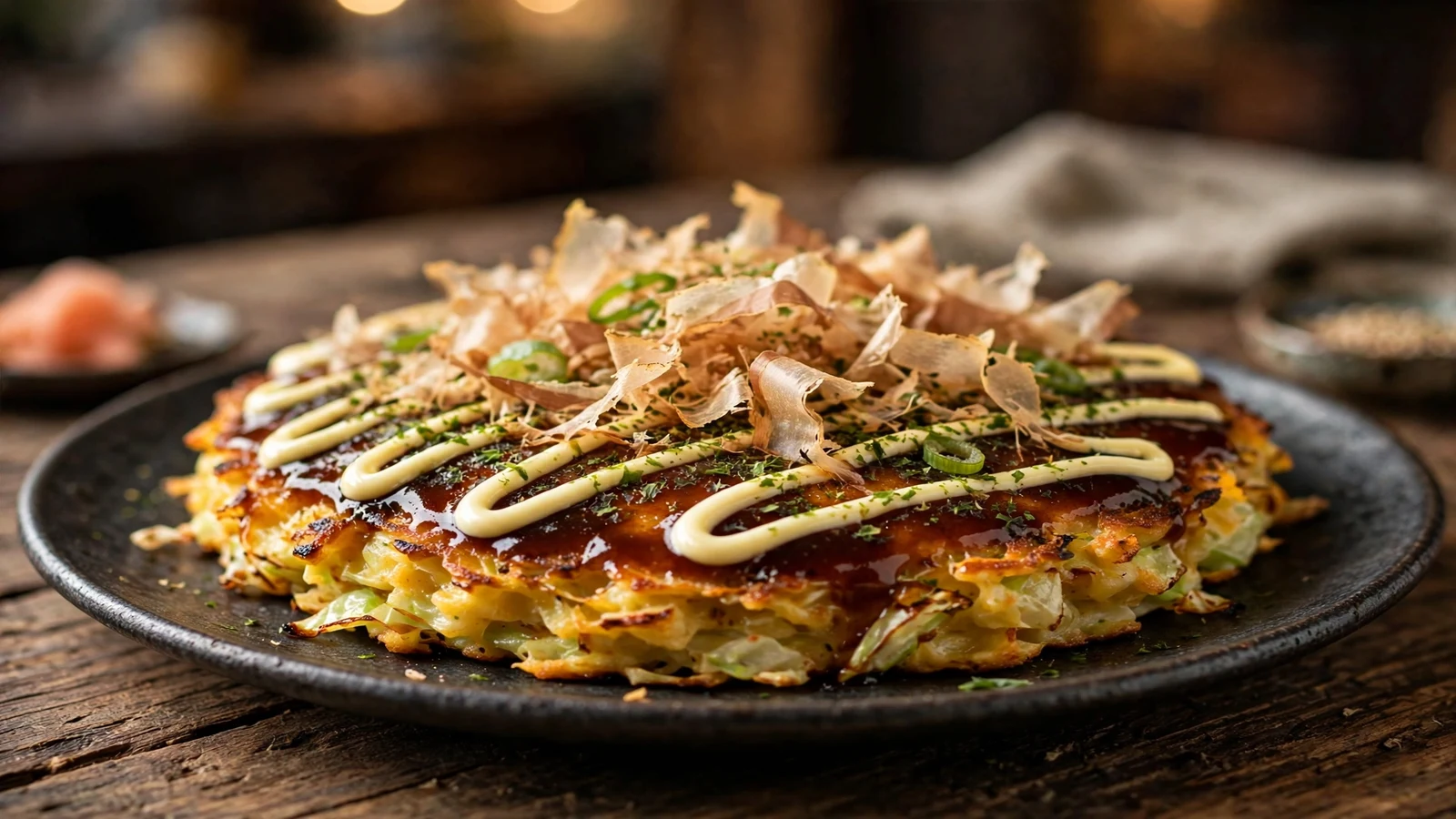 Freshly cooked okonomiyaki on a dark ceramic plate, brushed with glossy okonomiyaki sauce and zigzagged with Japanese mayonnaise, topped with dancing bonito flakes, aonori, and green onion slices