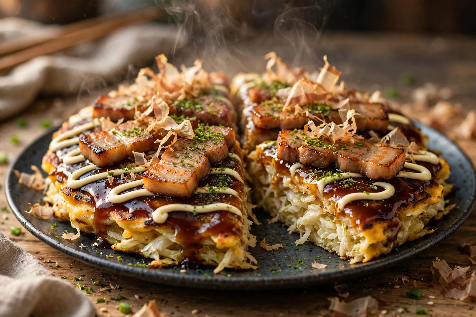 Okonomiyaki sliced into quarters on a plate, showing the fluffy cabbage interior, pork belly, and sauce-and-mayo topping