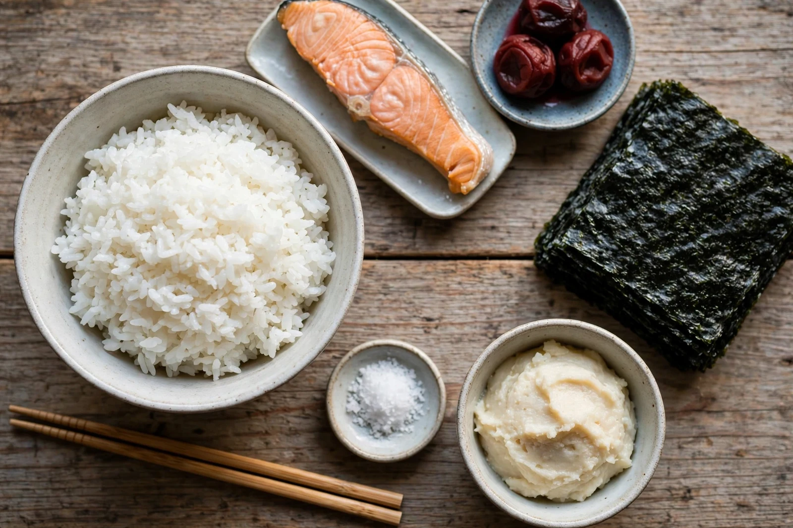 Onigiri ingredients: short-grain rice, salmon, umeboshi plums, nori, miso, salt, and chopsticks