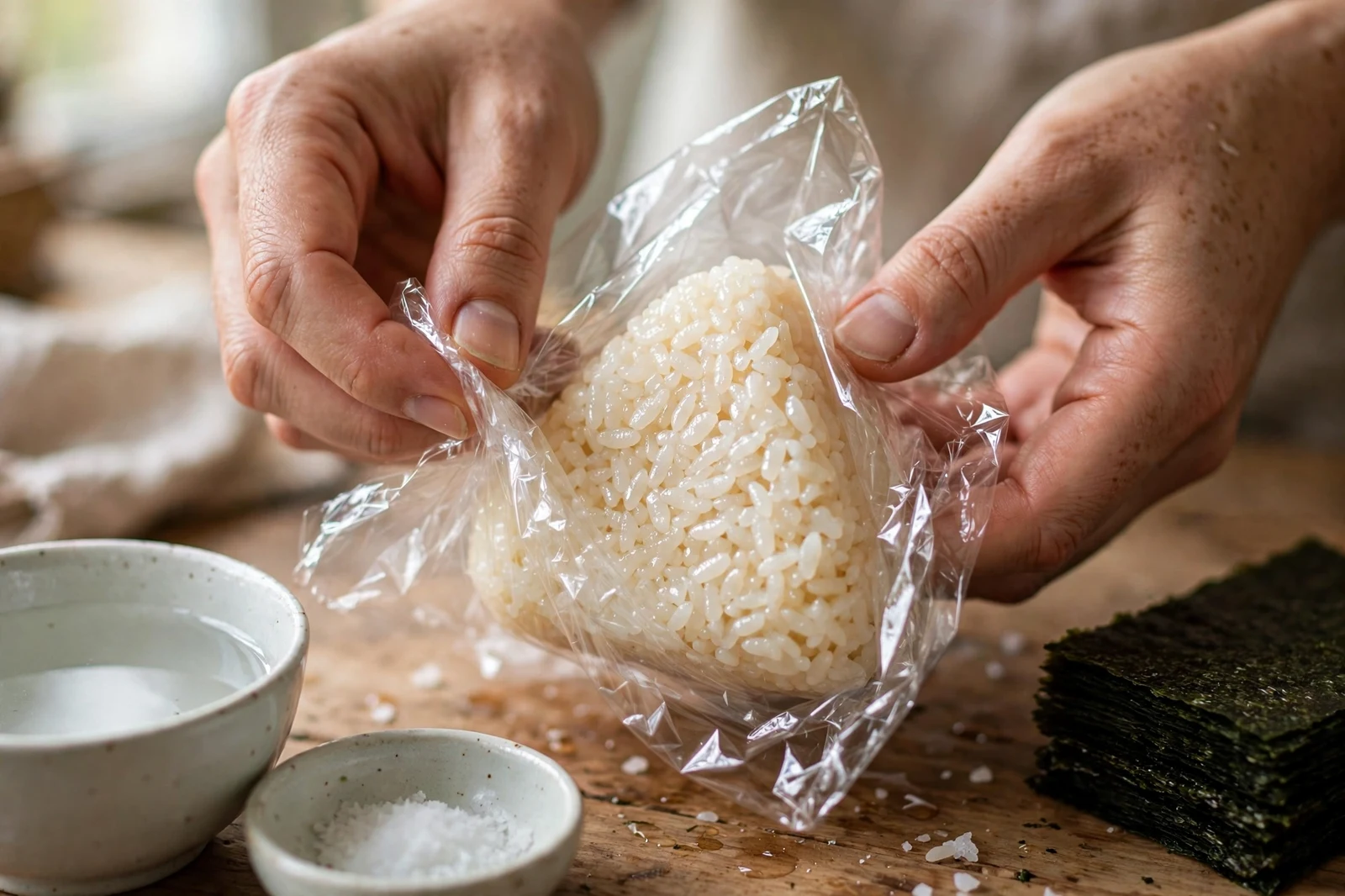 Hands shaping a triangular onigiri rice ball in plastic wrap