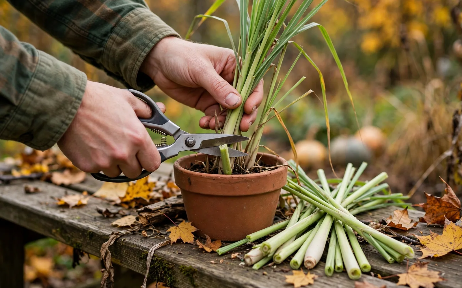 Hands trimming a lemongrass plant with scissors on a garden bench with cut stalks