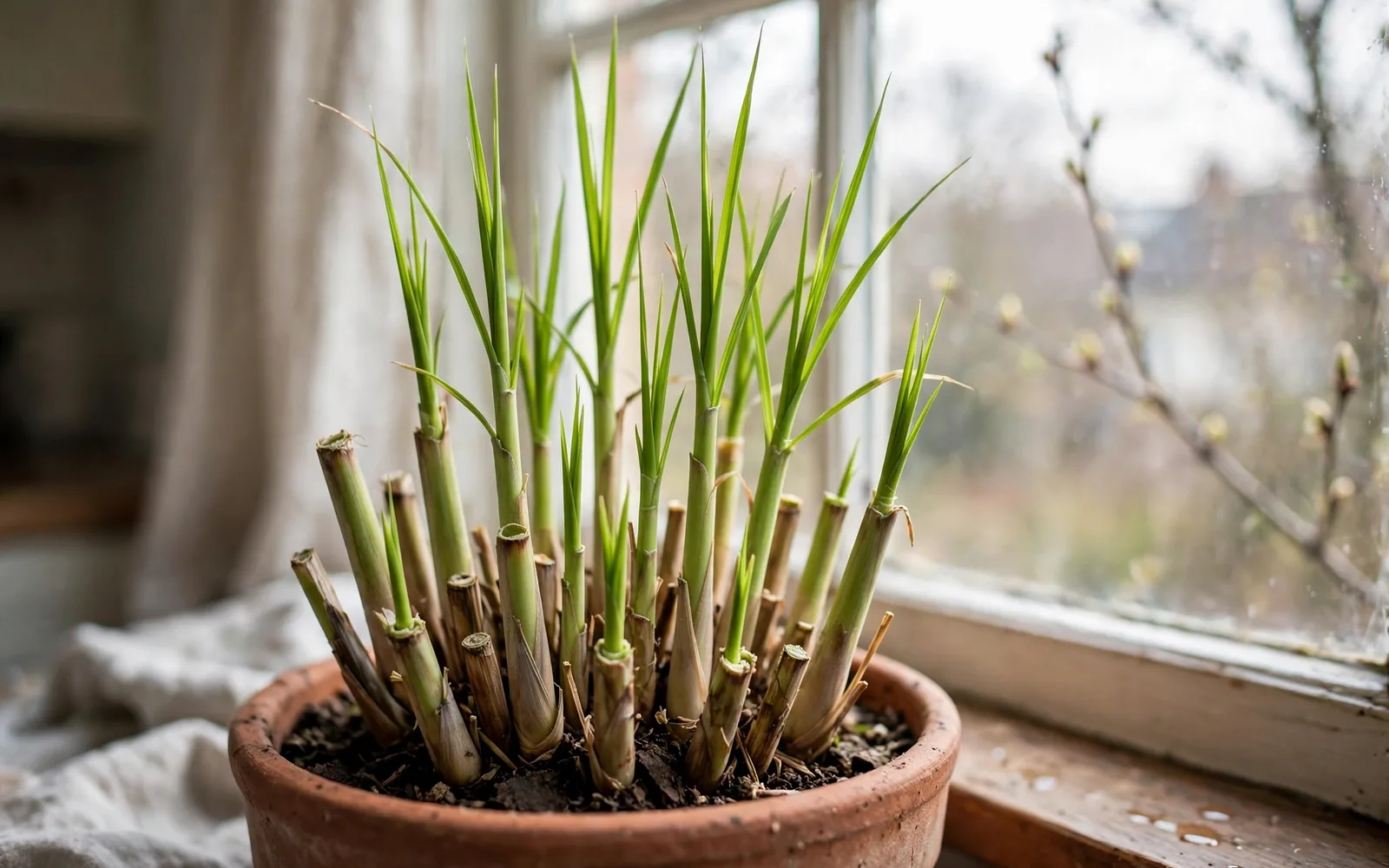 Lemongrass with fresh green shoots growing in a pot by a sunny indoor window in spring