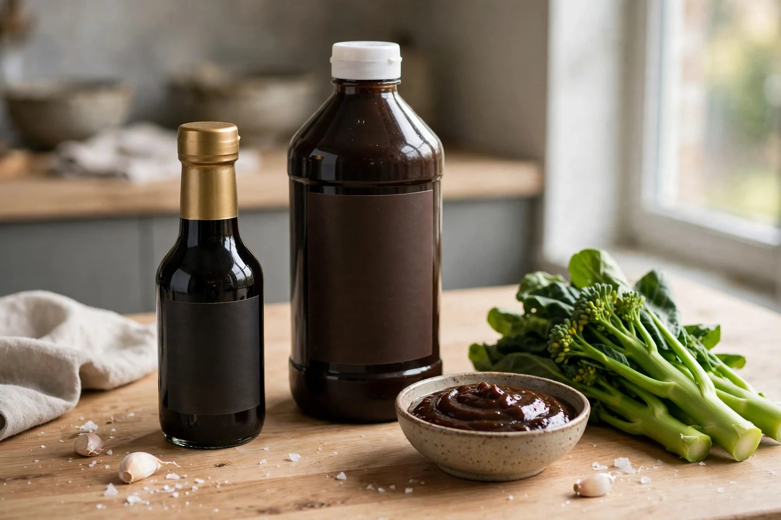 Two bottles of oyster sauce on a kitchen counter next to a bowl of dark sauce and fresh Chinese broccoli