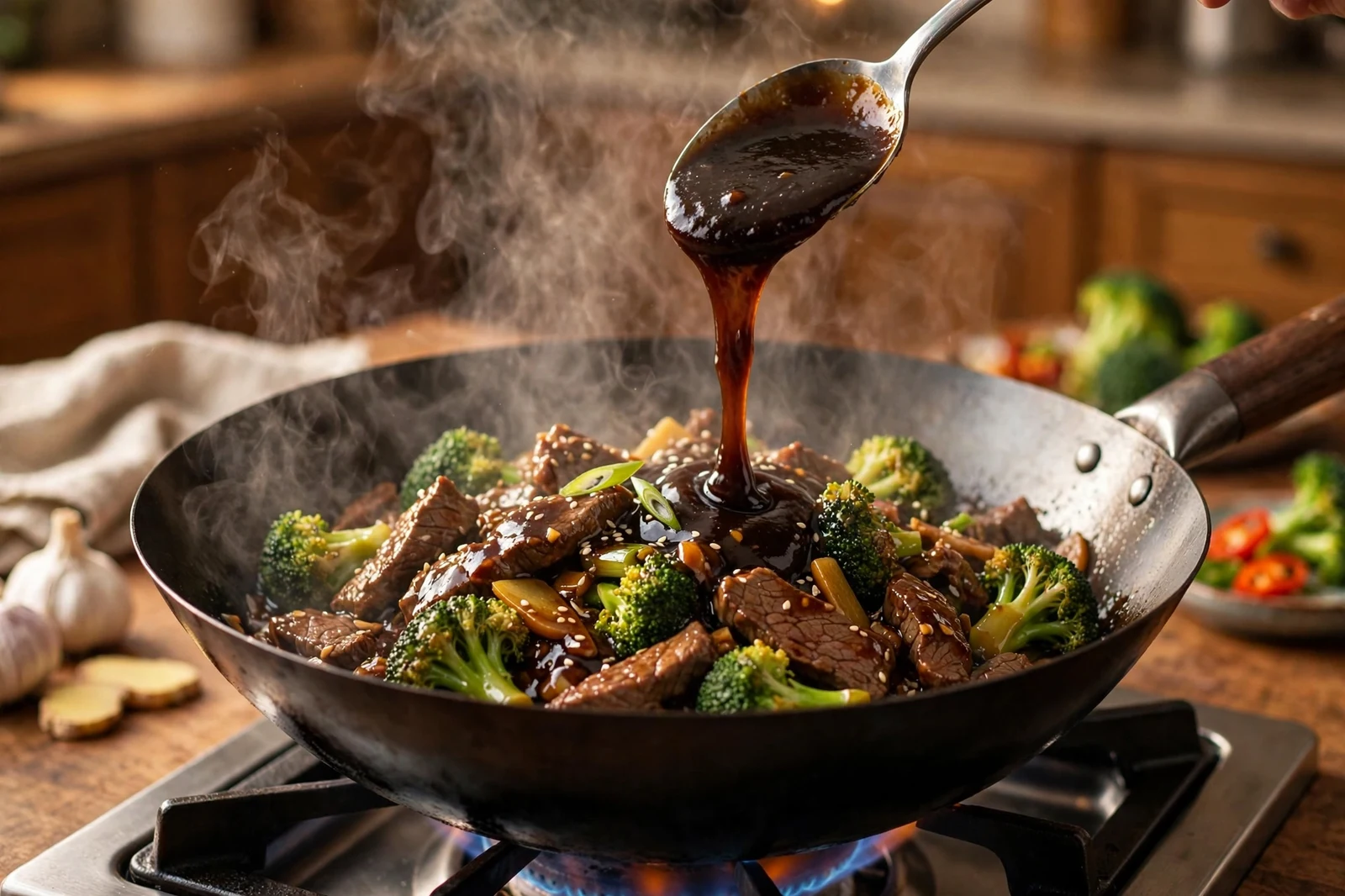 Pouring oyster sauce over a steaming wok of beef and broccoli stir-fry