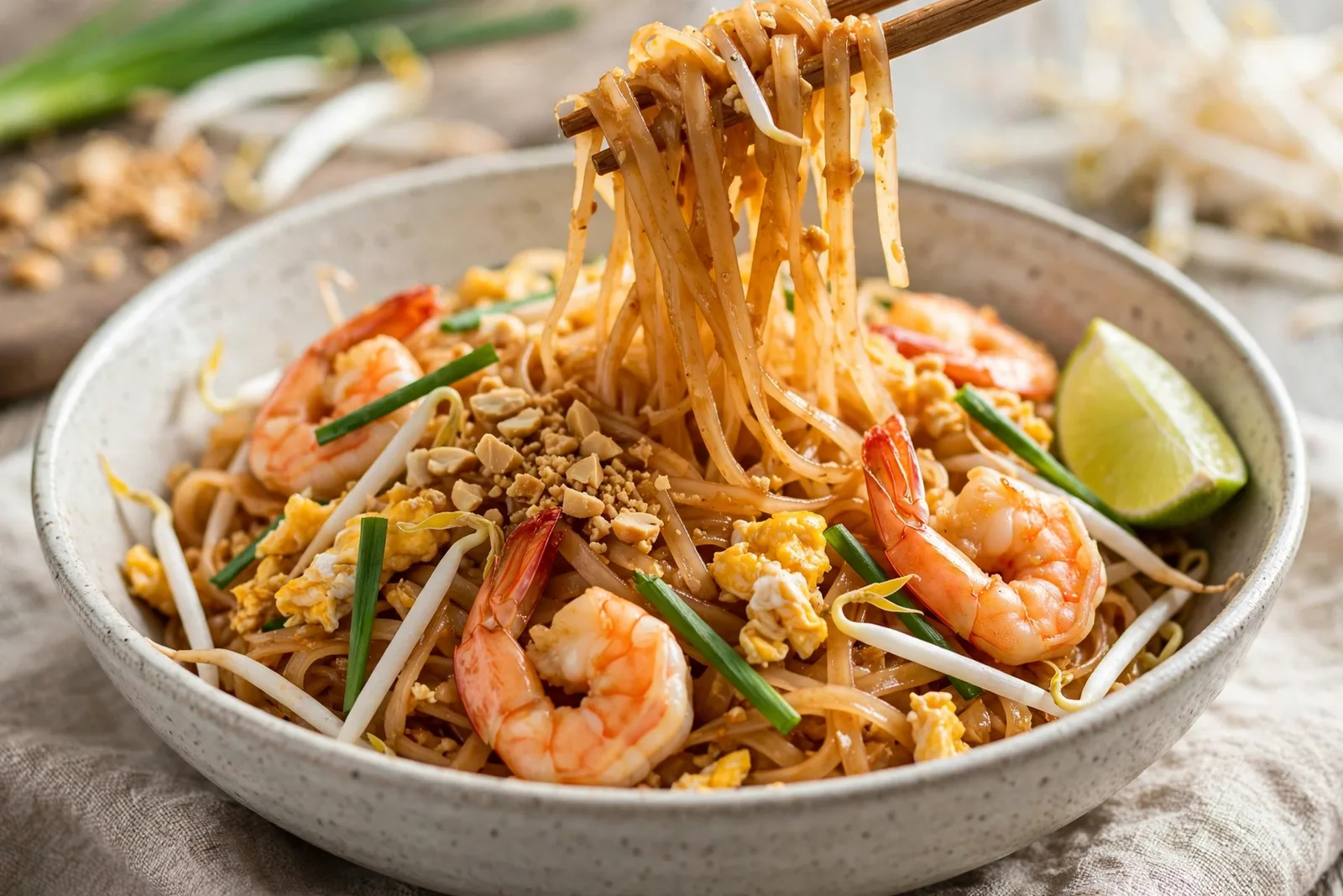 Close-up bowl of Pad Thai with thin rice noodles, shrimp, crushed peanuts, bean sprouts and lime wedge, chopsticks lifting noodles