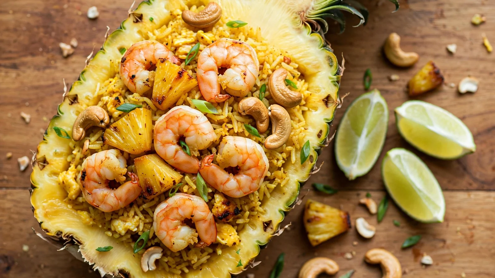 Thai pineapple fried rice served in a hollowed pineapple half, golden curry-spiced rice with plump shrimp, caramelized pineapple chunks, roasted cashews and lime wedges on a wooden table