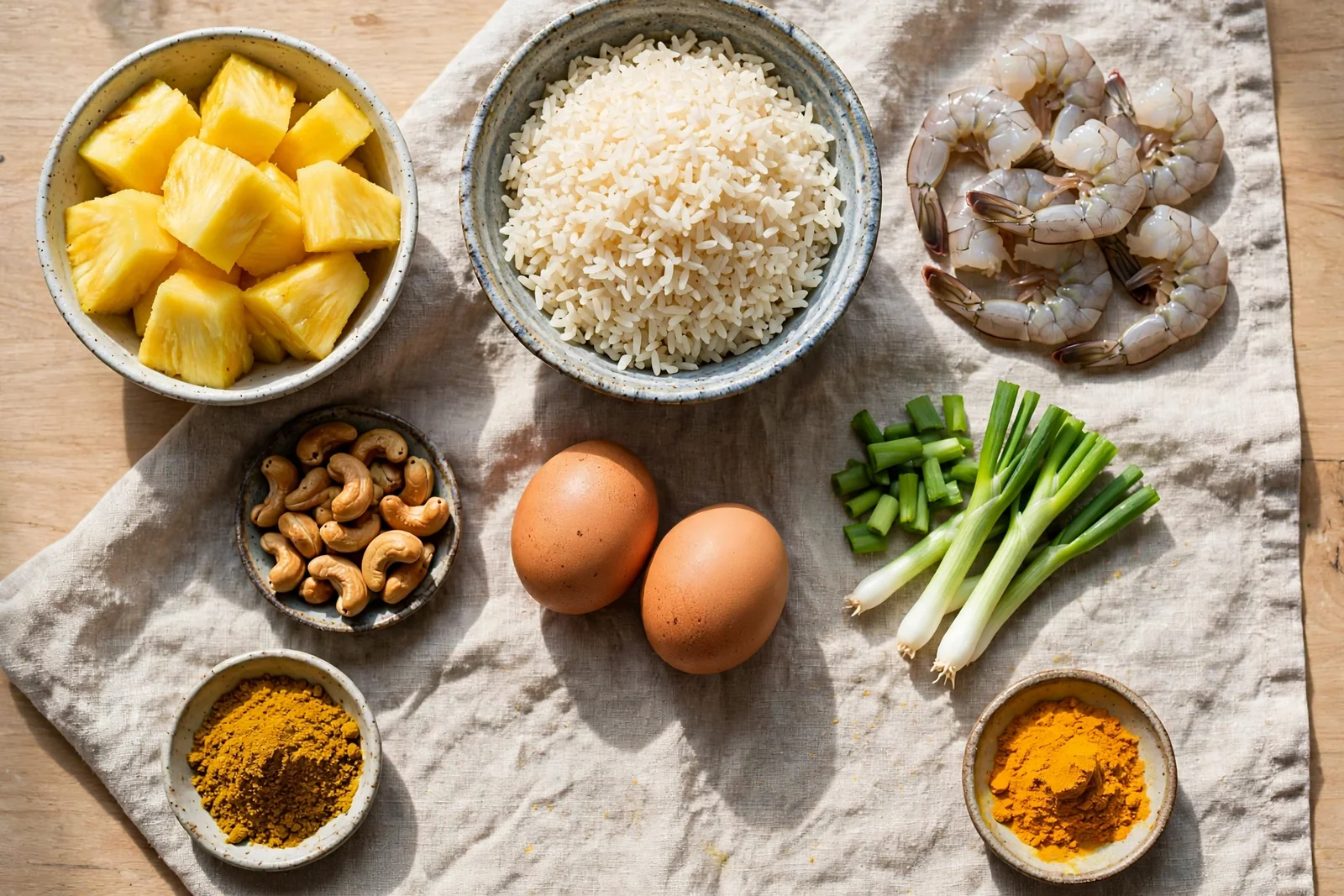 Ingredients for Thai pineapple fried rice laid out overhead: bowl of fresh pineapple chunks, bowl of cooked jasmine rice, raw shrimp, roasted cashews, two eggs, scallions, curry powder and turmeric in small dishes