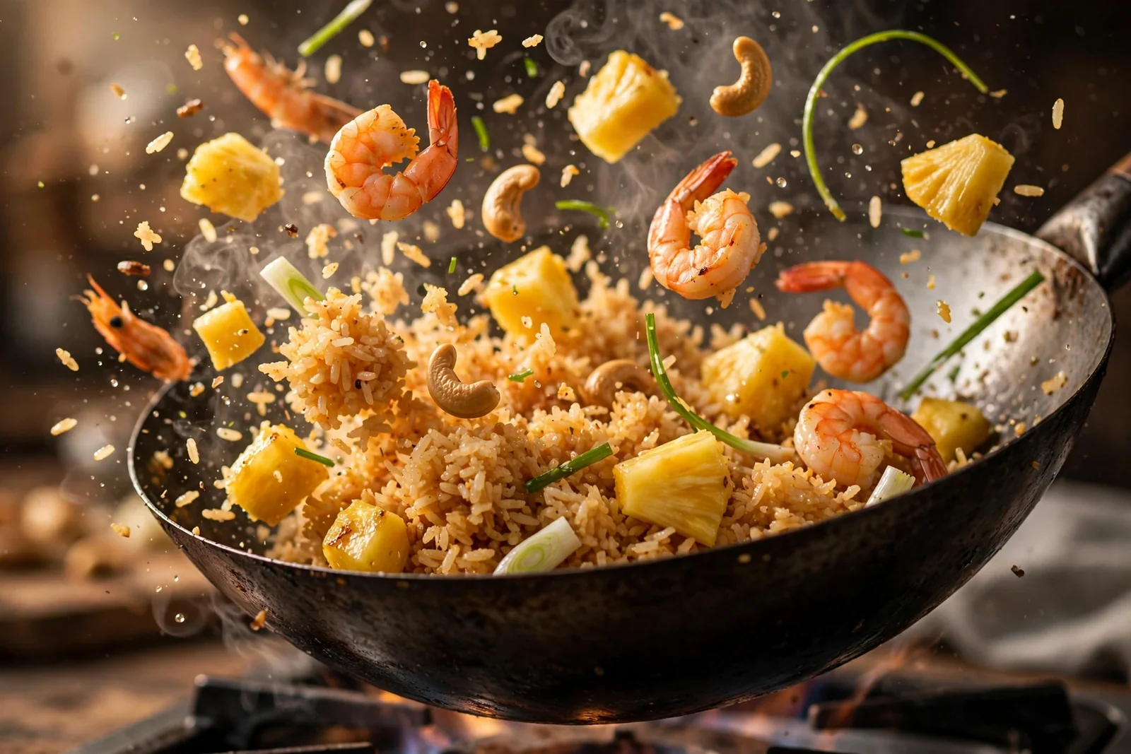 Thai pineapple fried rice tossing in a hot black wok, golden rice with shrimp, pineapple chunks, cashews and scallions mid-toss with light steam rising