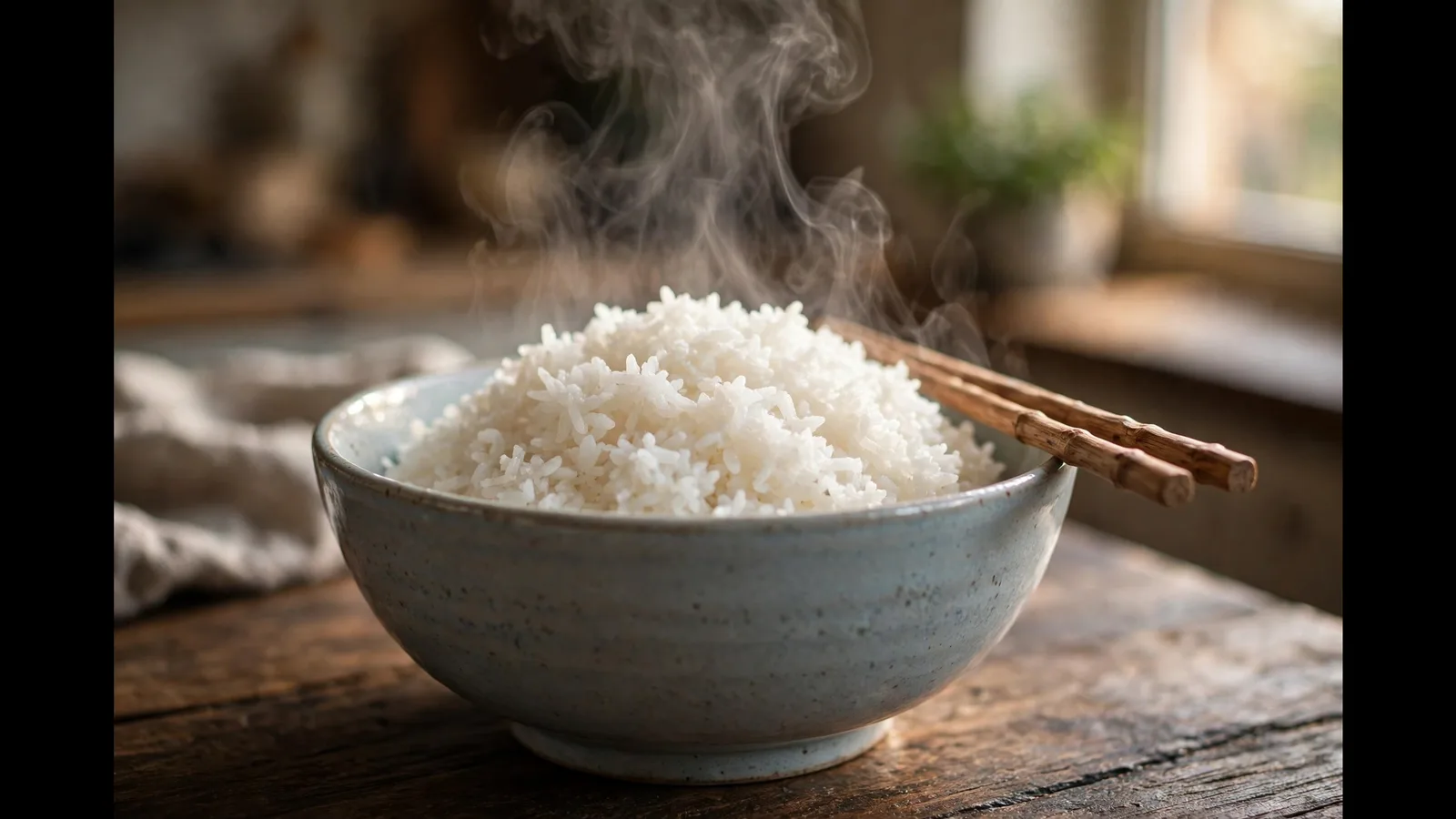 A steaming bowl of fluffy white reheated rice with chopsticks resting on the rim, on a dark wooden table
