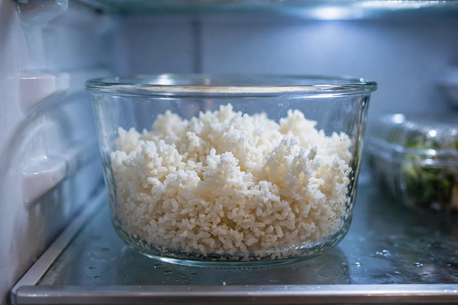 An open glass container of cold day-old cooked rice with firm dry clumps, inside a refrigerator