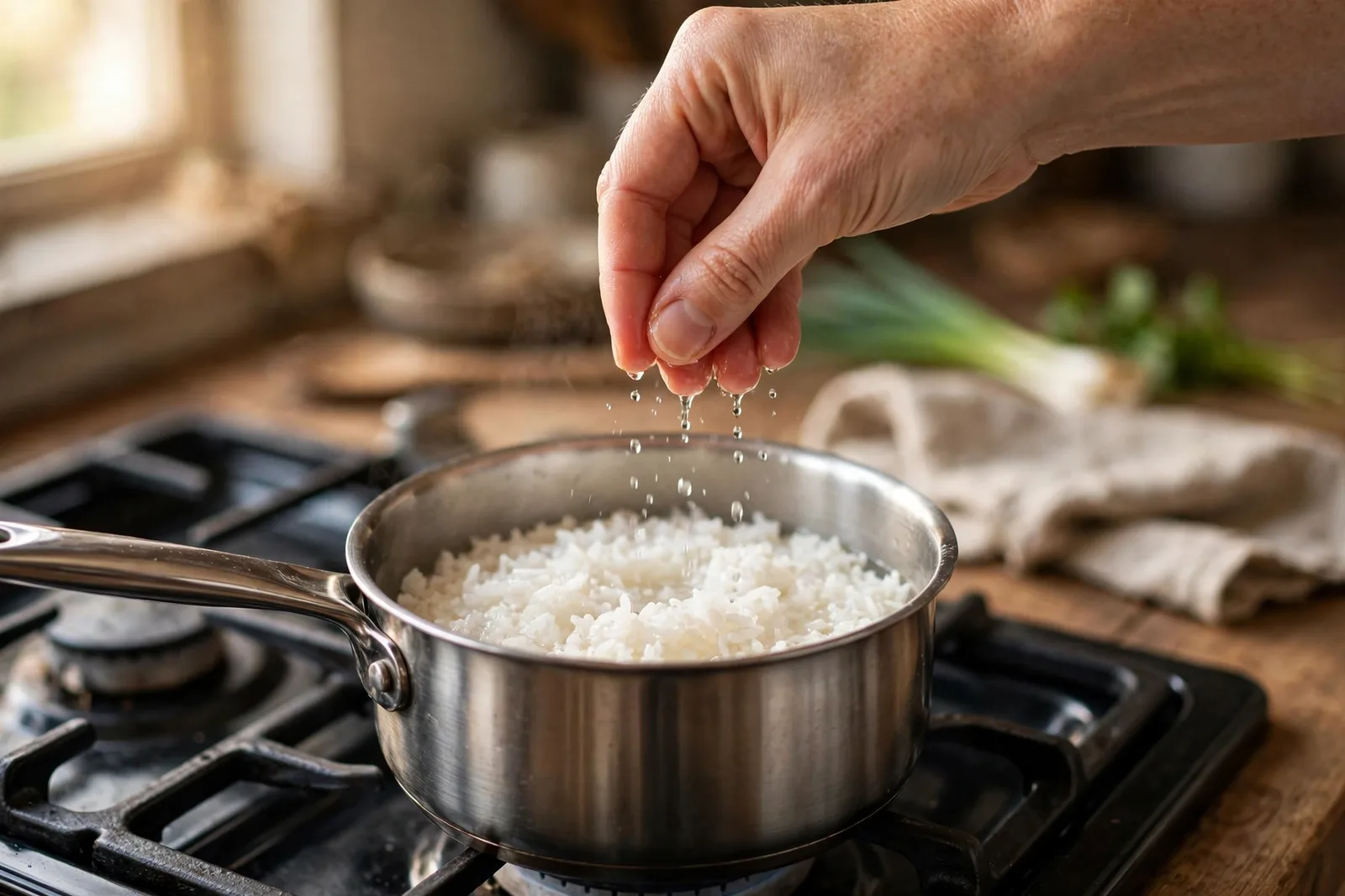 A hand sprinkling water over cold cooked rice in a small stainless saucepan on a gas stovetop