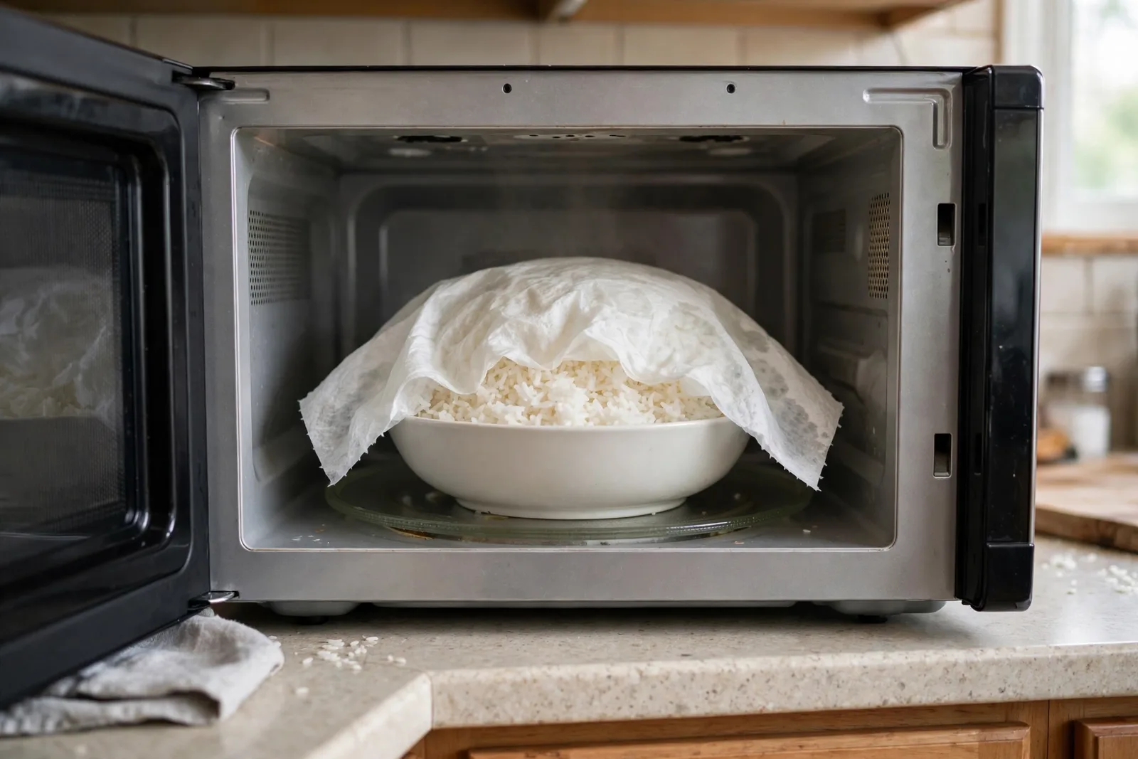 A bowl of white rice covered with a damp paper towel inside an open microwave oven