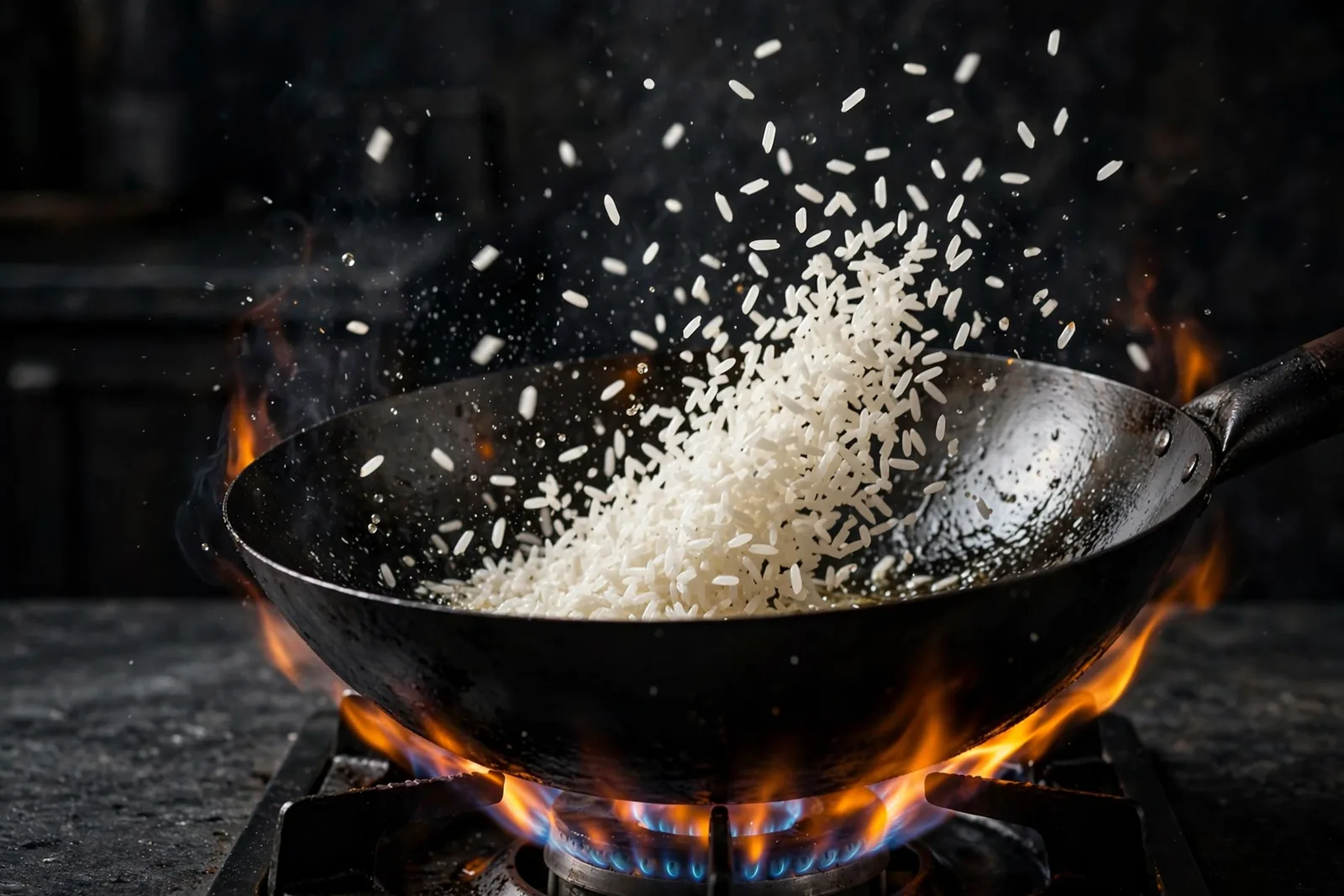 White rice grains tossing in a hot black wok over a gas flame