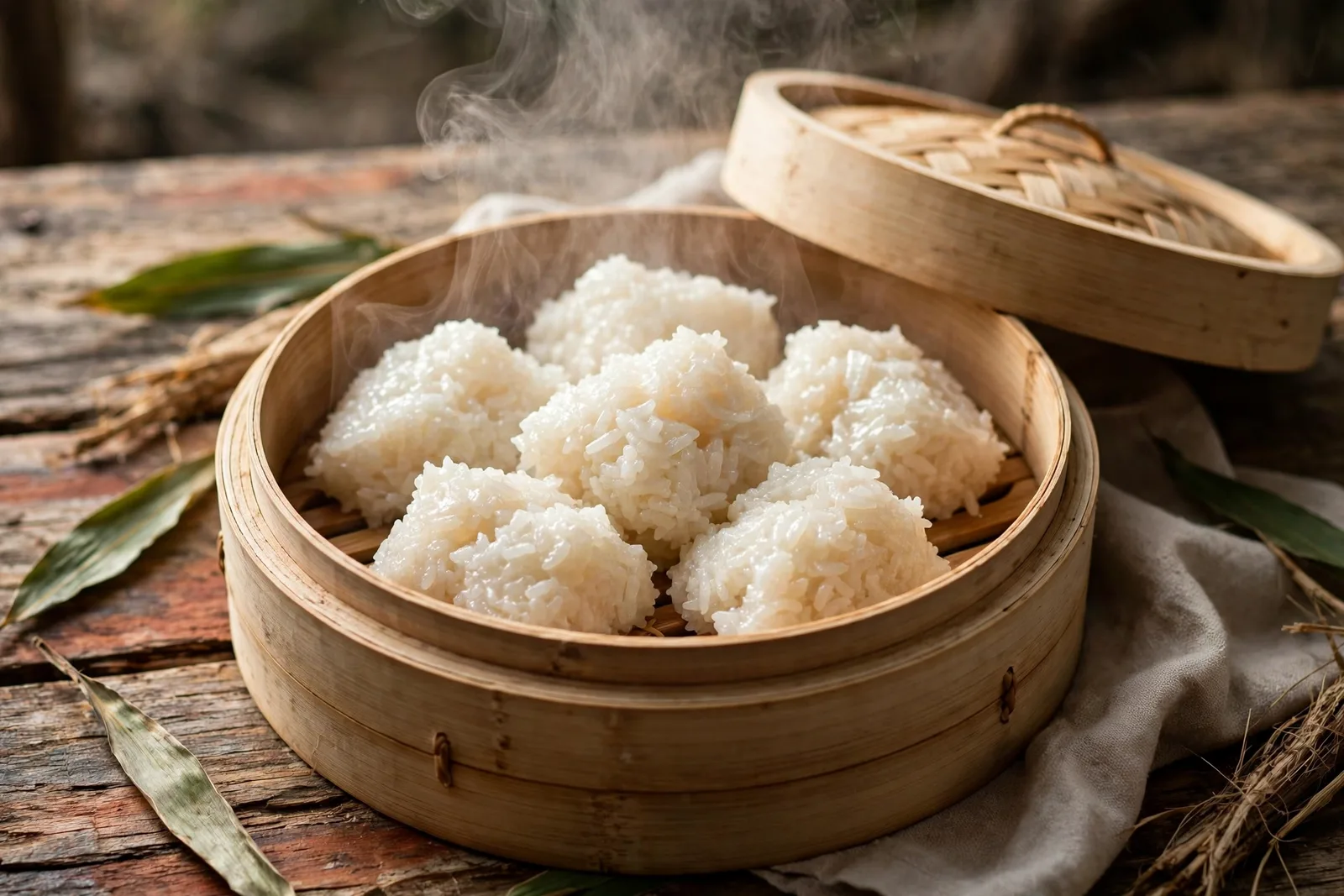 Chunks of white sticky rice steaming in a bamboo steamer basket, steam rising