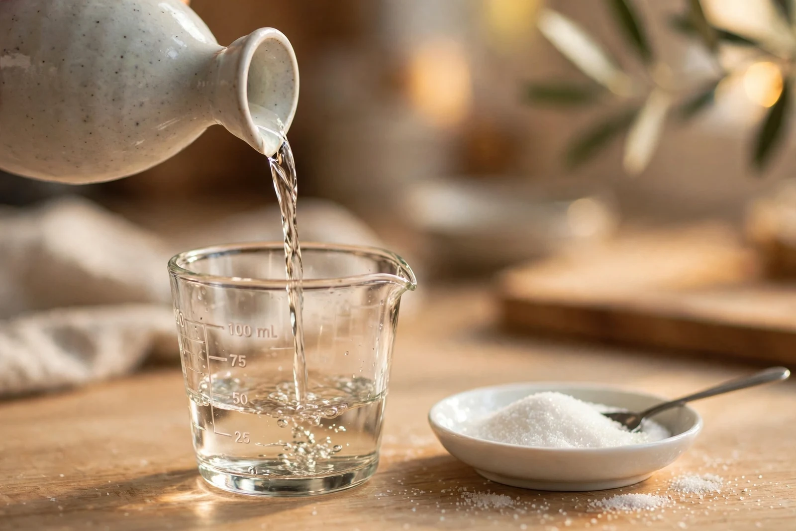 Sake being poured from a ceramic bottle into a glass measuring cup beside a dish of sugar