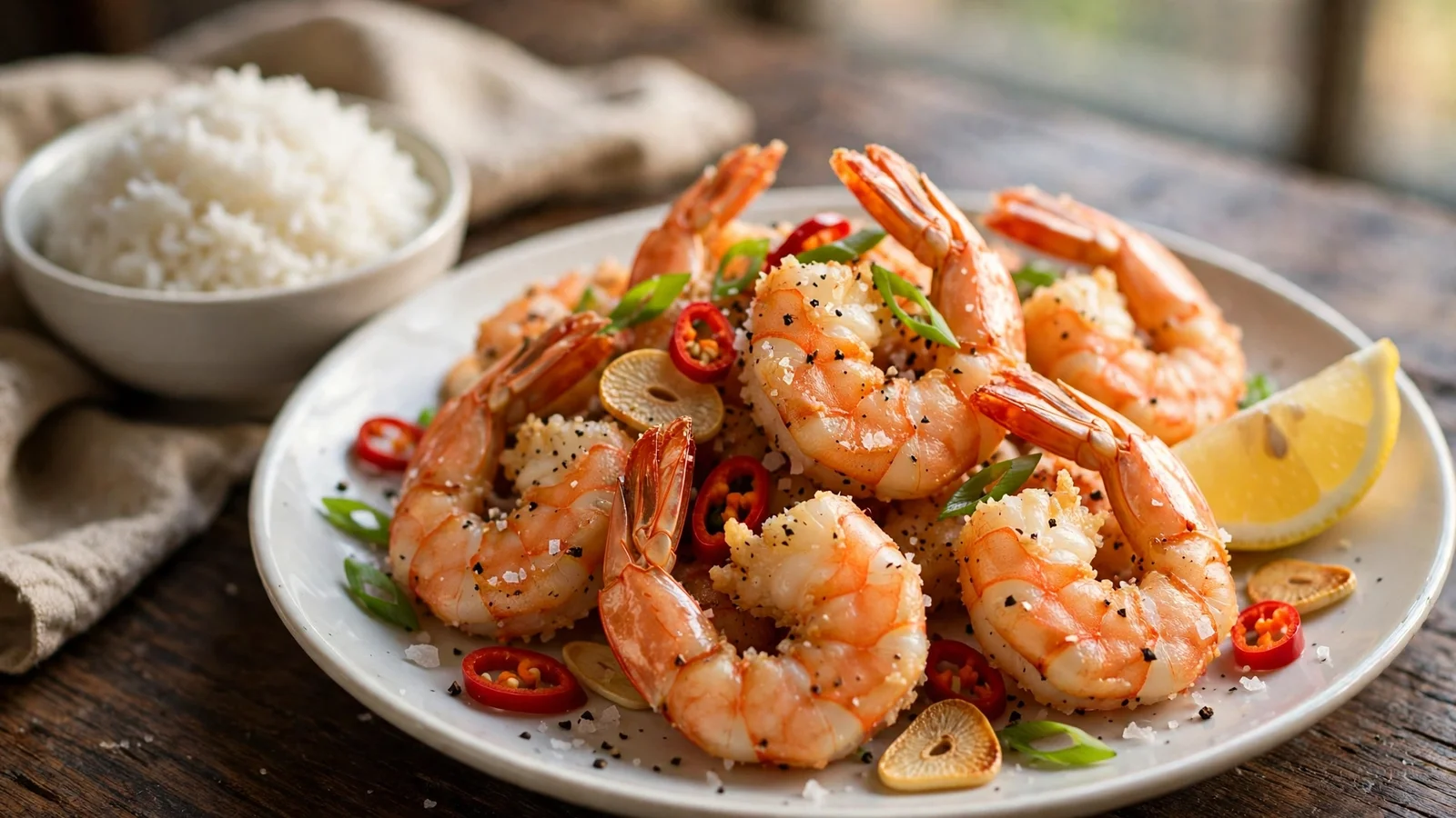 White plate of crispy salt and pepper shrimp with coral-pink crackly shells, sliced garlic, red chilies and scallion greens, lemon wedge and a bowl of steamed jasmine rice beside it