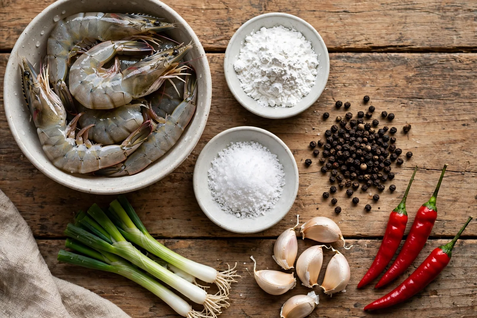 Ingredients for salt and pepper shrimp on a wooden counter: bowl of raw large shell-on shrimp, small dishes of cornstarch, kosher salt and cracked black peppercorns, garlic cloves, fresh red chilies and scallions