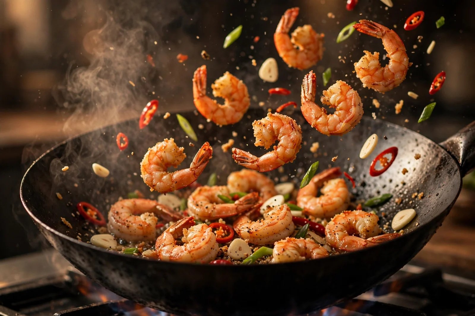 Salt and pepper shrimp being tossed in a dark wok with crispy coral shrimp, sliced garlic, red chilies and scallions, light steam rising