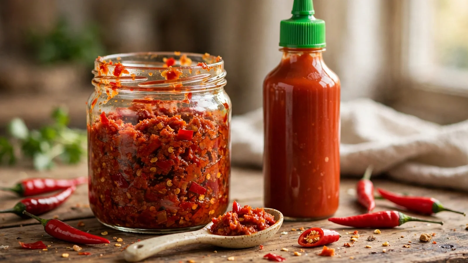Open glass jar of coarse red sambal oelek chili paste beside a red squeeze bottle of sriracha hot sauce on a rustic wooden table, with fresh red chilies and a ceramic spoon holding a spoonful of chili paste
