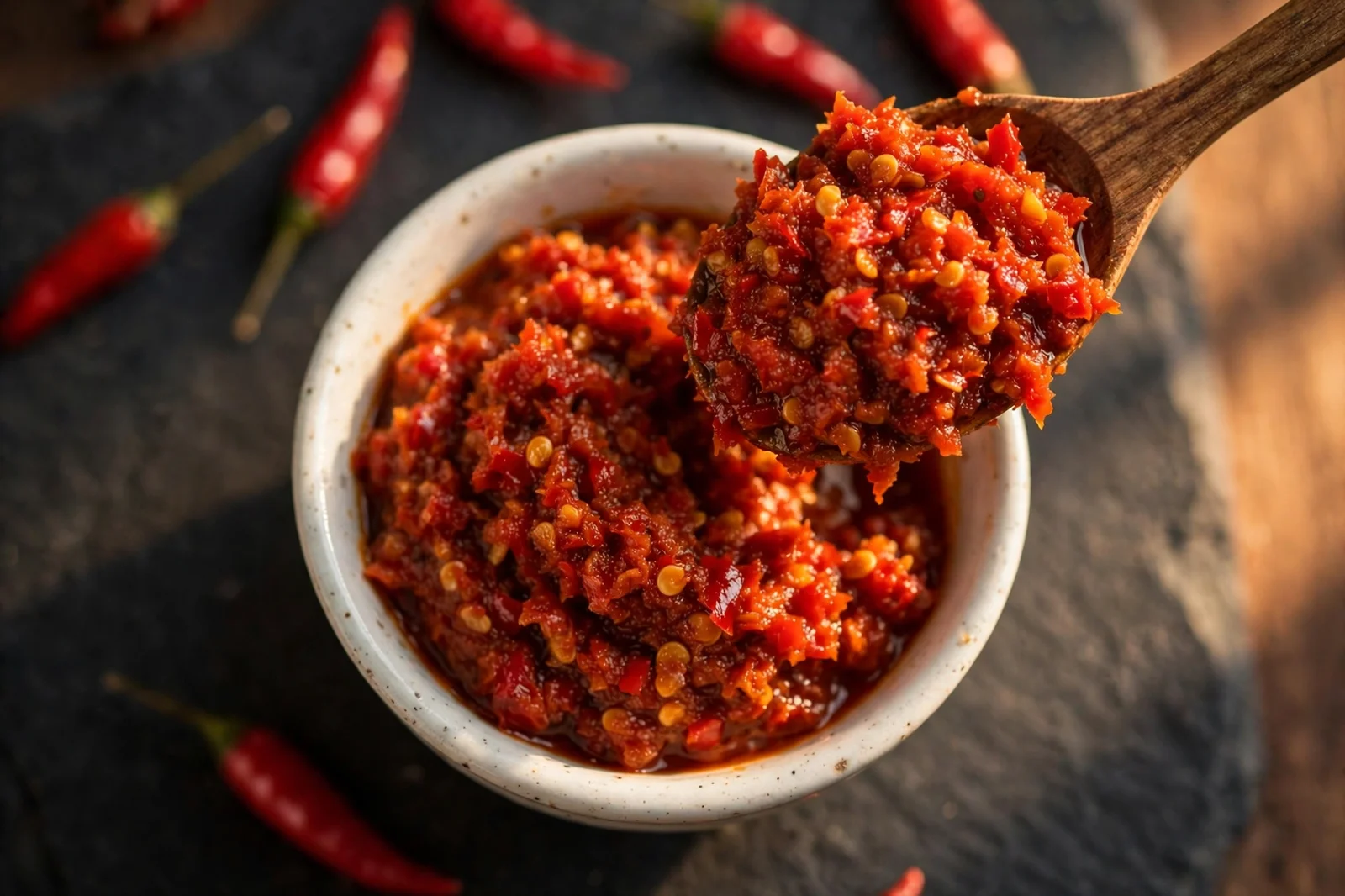 Small white ceramic bowl of coarse sambal oelek chili paste with visible ground chili flecks and seeds, a wooden spoon lifting a heaping spoonful, on a dark slate surface with fresh red chilies blurred behind