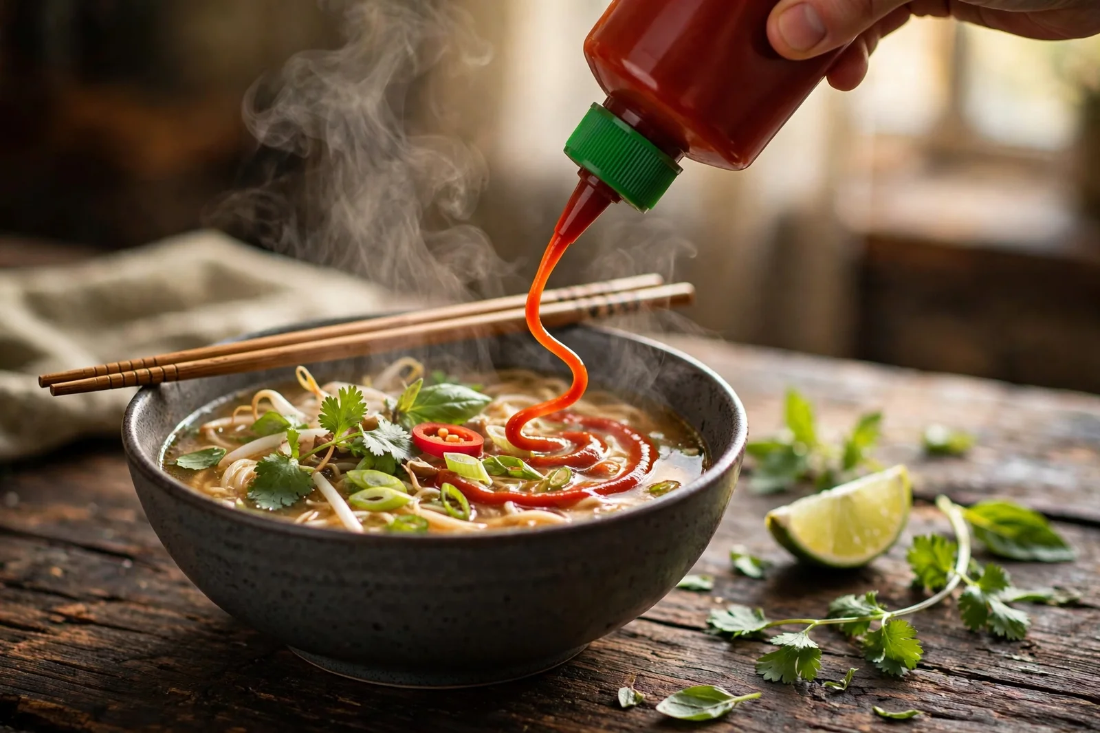 Bright red sriracha sauce being squeezed in a swirl over a steaming bowl of noodle soup with chopsticks, a lime wedge and herbs beside the bowl on a dark wooden table