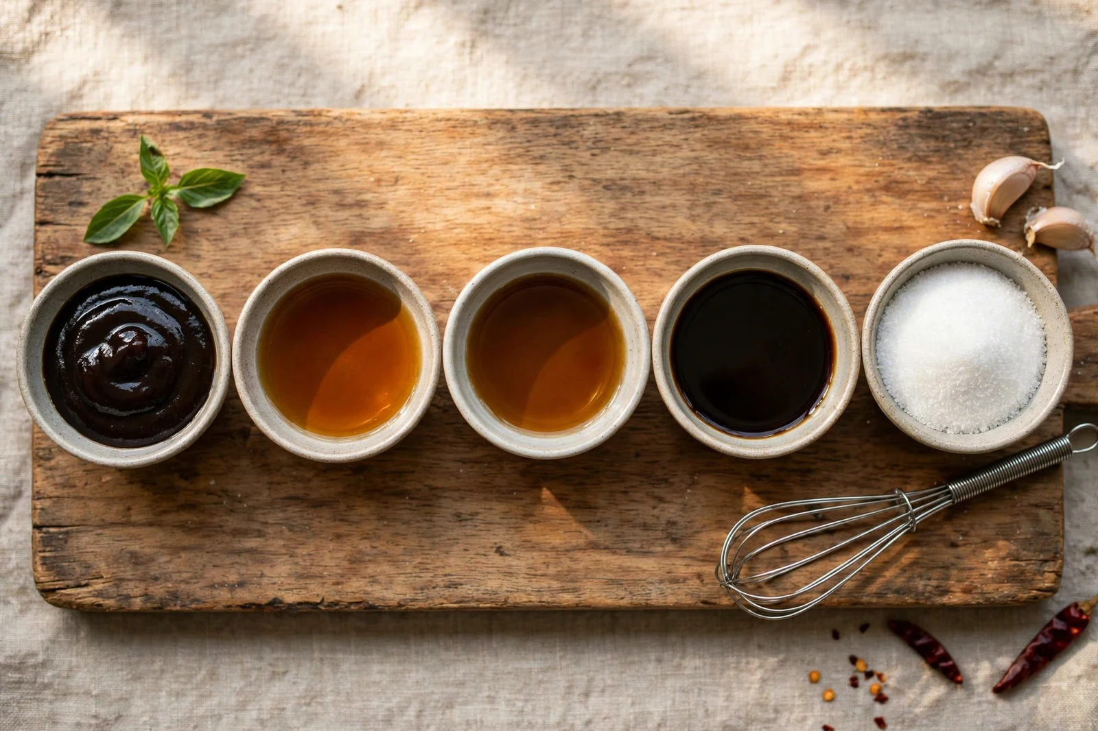 Overhead view of five small ceramic bowls on a wooden board holding oyster sauce, fish sauce, light soy sauce, dark soy sauce and sugar, the pad kee mao sauce components, with a small whisk.