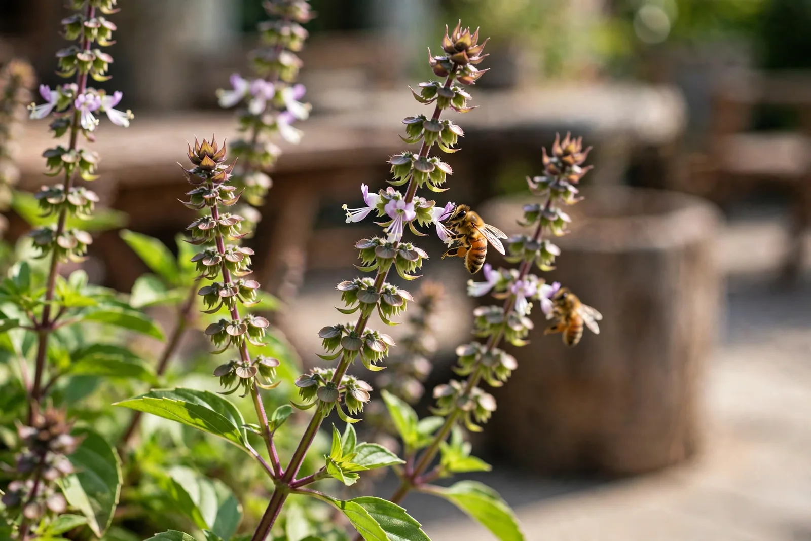Close-up of Thai basil flower spikes with purple-white flowers and honeybees visiting on a sunny patio