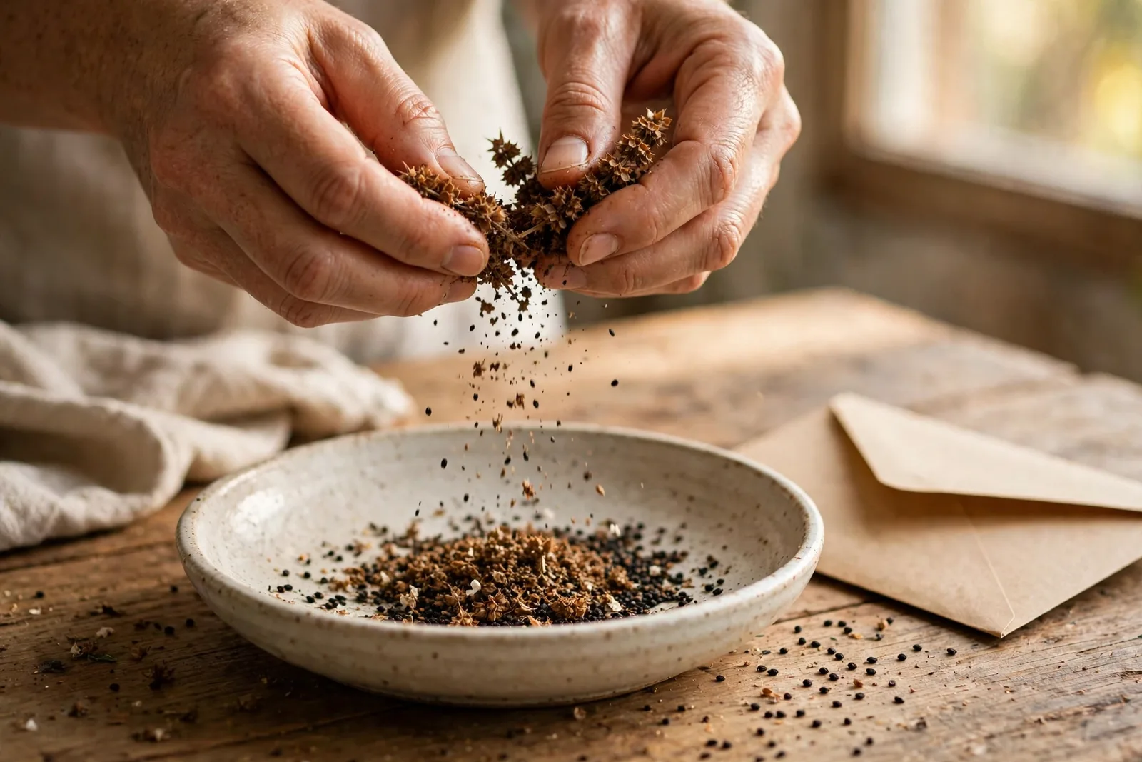 Hands rubbing dried Thai basil seed heads over a ceramic bowl with tiny dark seeds and a paper envelope on a wooden table