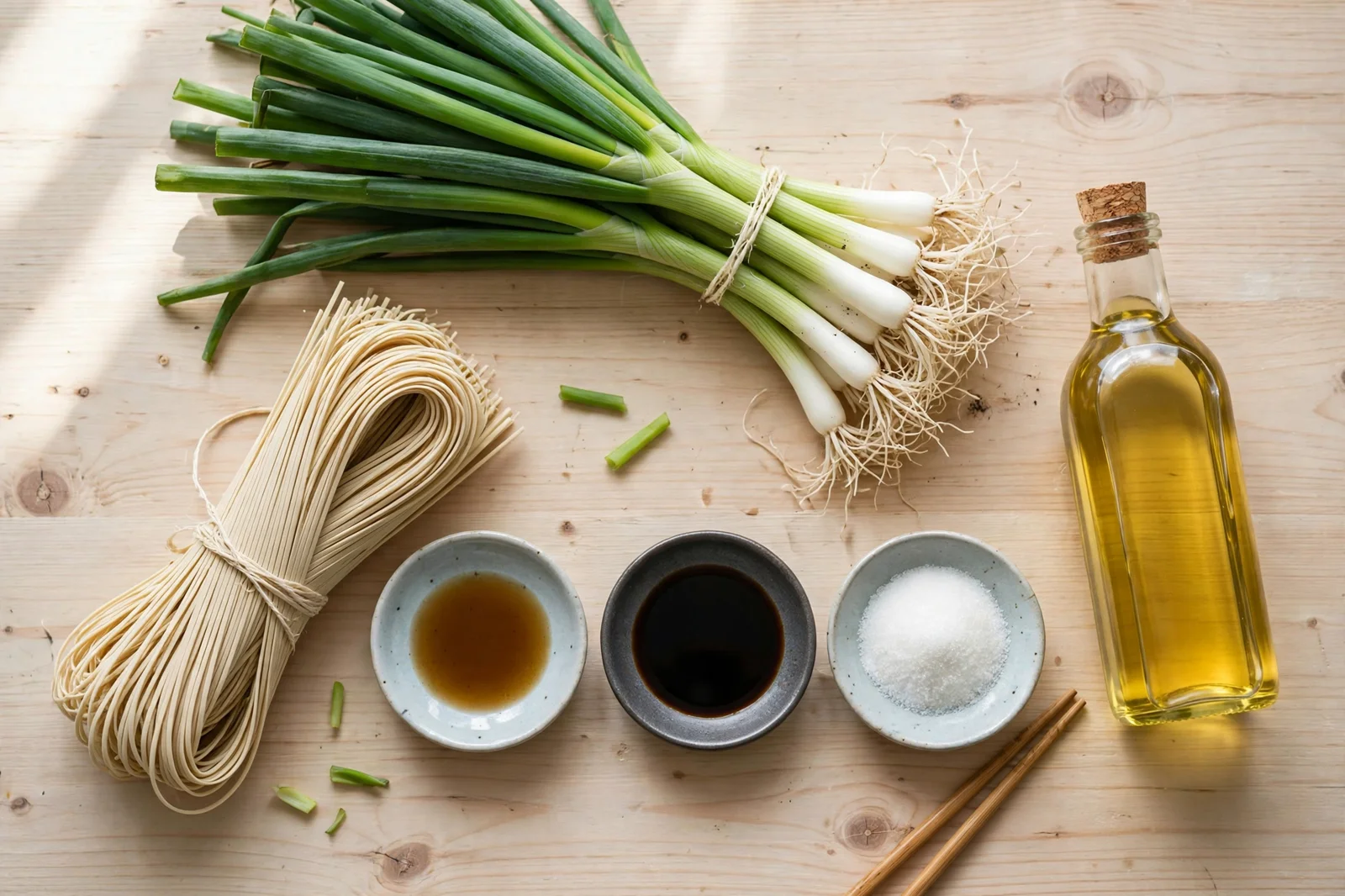 Raw ingredients for scallion oil noodles on a wooden table: fresh scallions, thin wheat noodles, light soy sauce, dark soy sauce, sugar and cooking oil