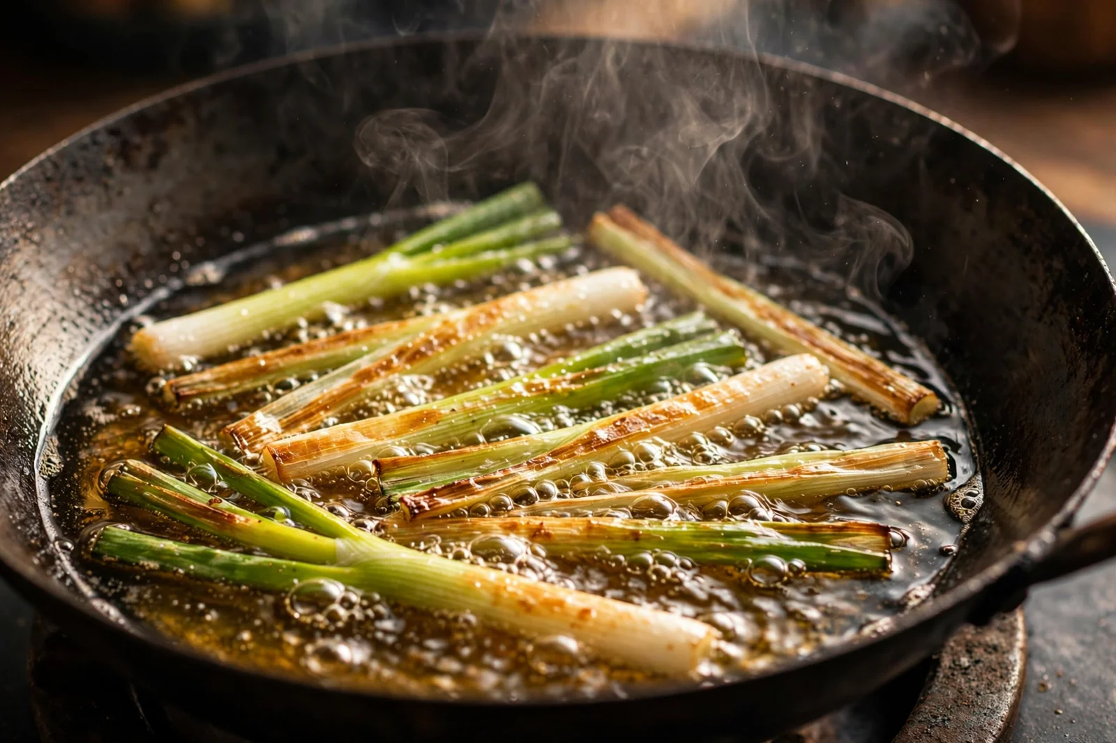 Scallion segments frying in golden oil in a wok to infuse the scallion oil for scallion oil noodles