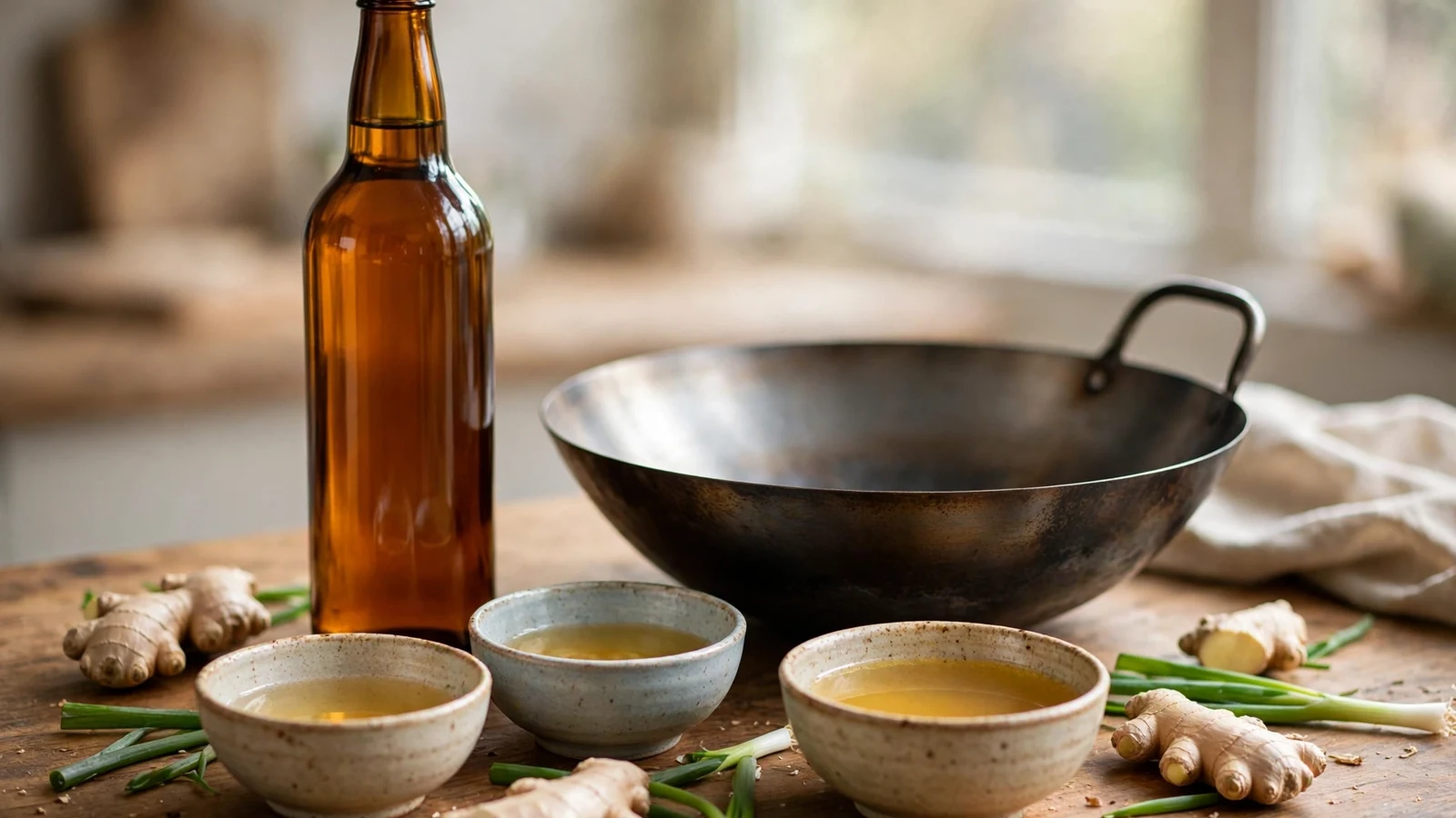 Bottle of Shaoxing wine beside a wok with small bowls of sherry, mirin and broth