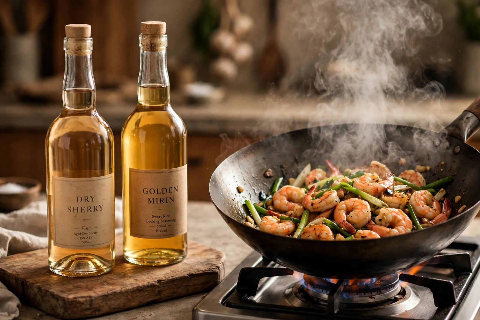 Dry sherry and mirin bottles beside a wok of shrimp and scallion stir-fry