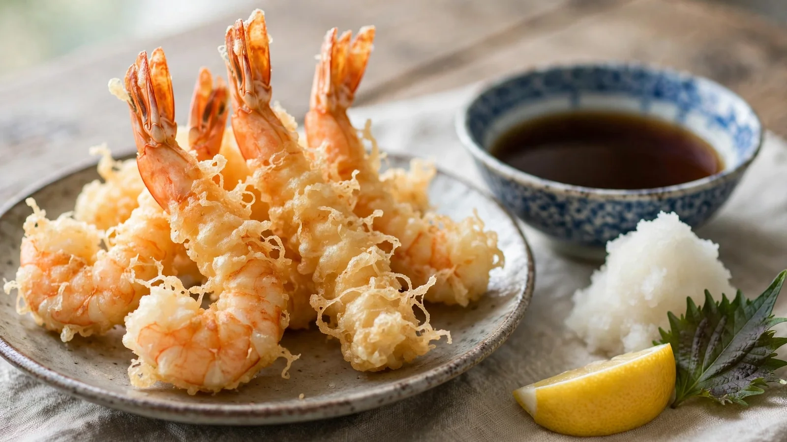 Plate of golden shrimp tempura with lacy crisp batter, tails up, beside a small bowl of tentsuyu dipping sauce, grated daikon, lemon wedge and shiso leaf