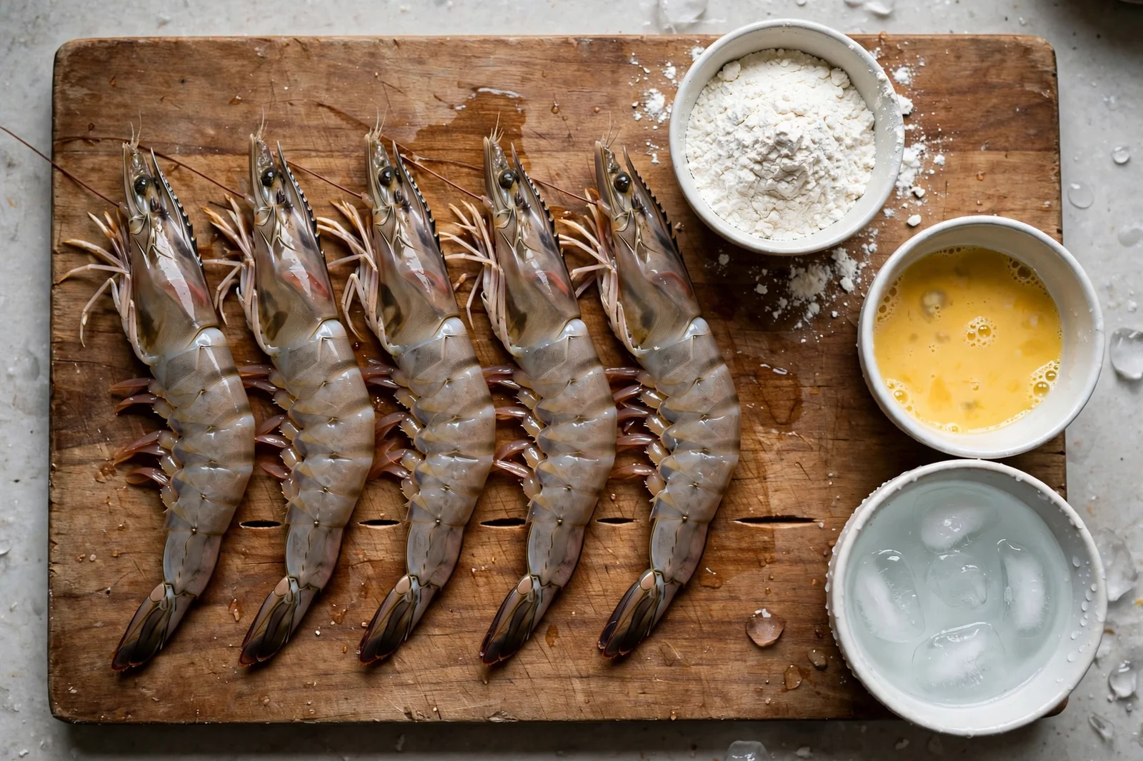 Raw large shrimp laid straight on a cutting board with small shallow cuts along the belly, beside small bowls of flour, beaten egg and ice water for tempura batter