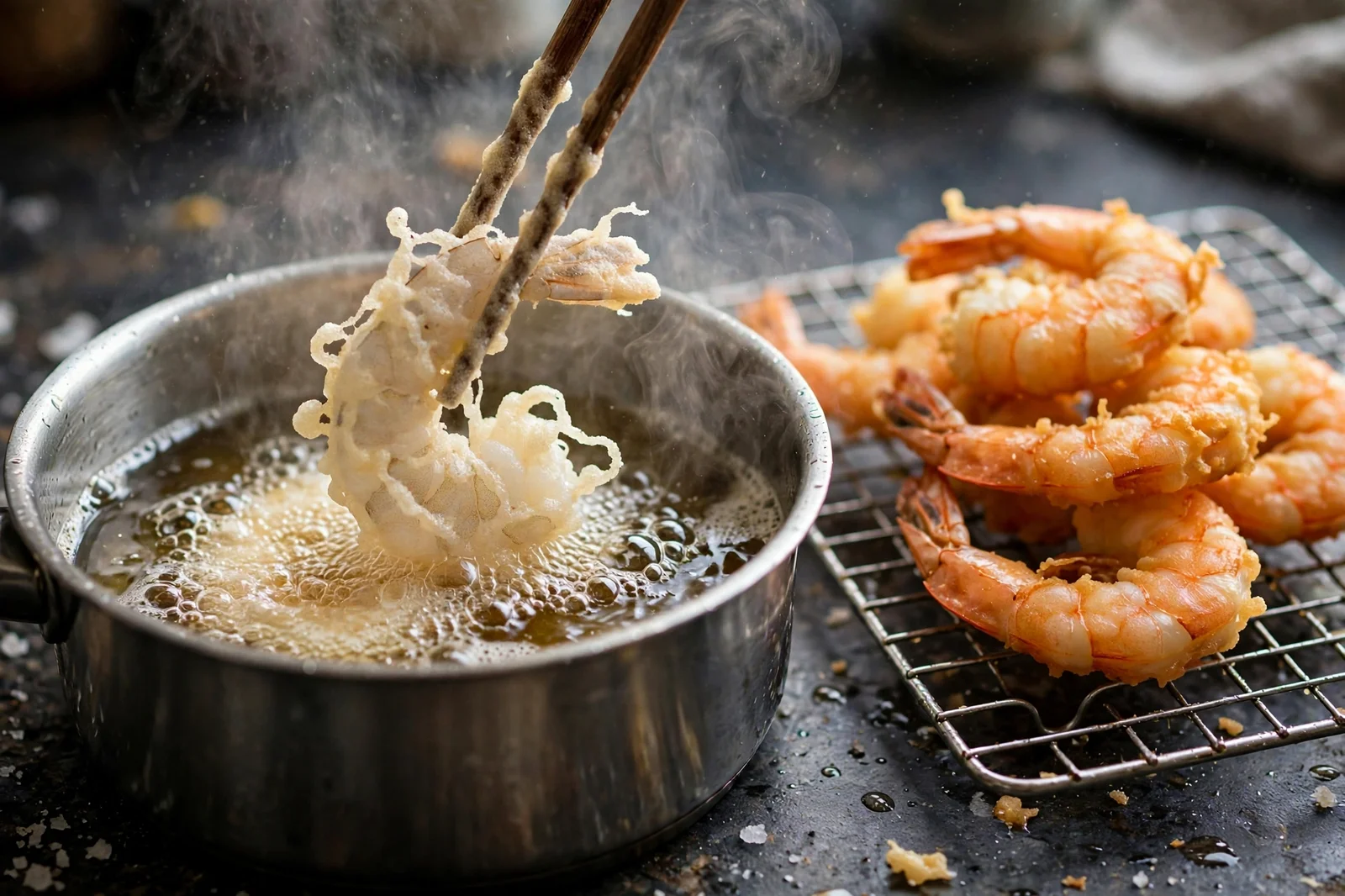 Chopsticks lowering batter-coated shrimp into a pot of hot oil, bubbles forming around the pale lacy batter, a wire rack with fried golden shrimp beside the pot