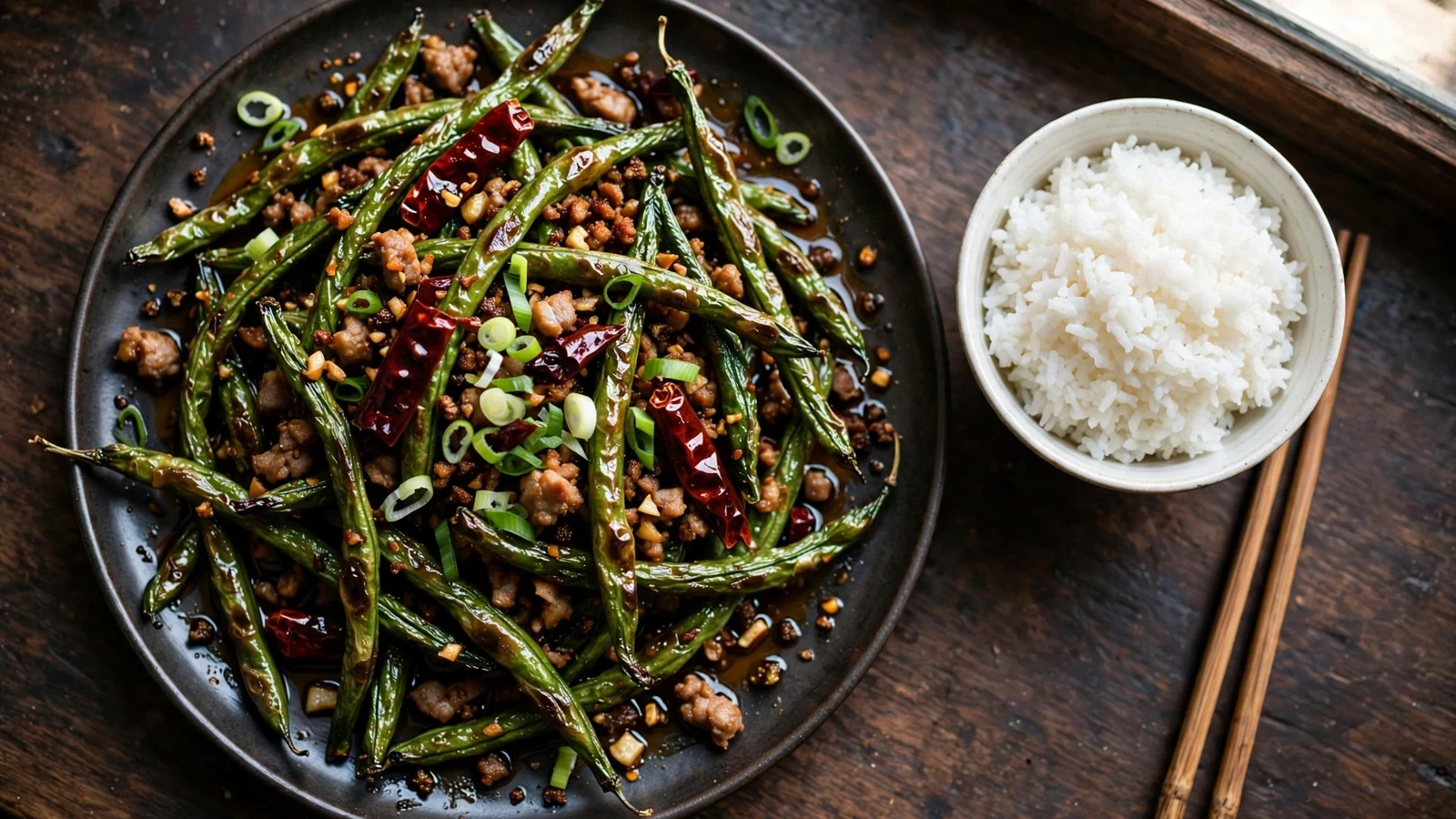 Wide dark ceramic plate of Sichuan dry-fried green beans: blistered wrinkled green beans glossy with chili oil, tossed with crisp browned minced pork, dried red chilies, garlic and sliced scallions, with a small bowl of steamed jasmine rice and chopsticks beside the plate on a dark wooden table