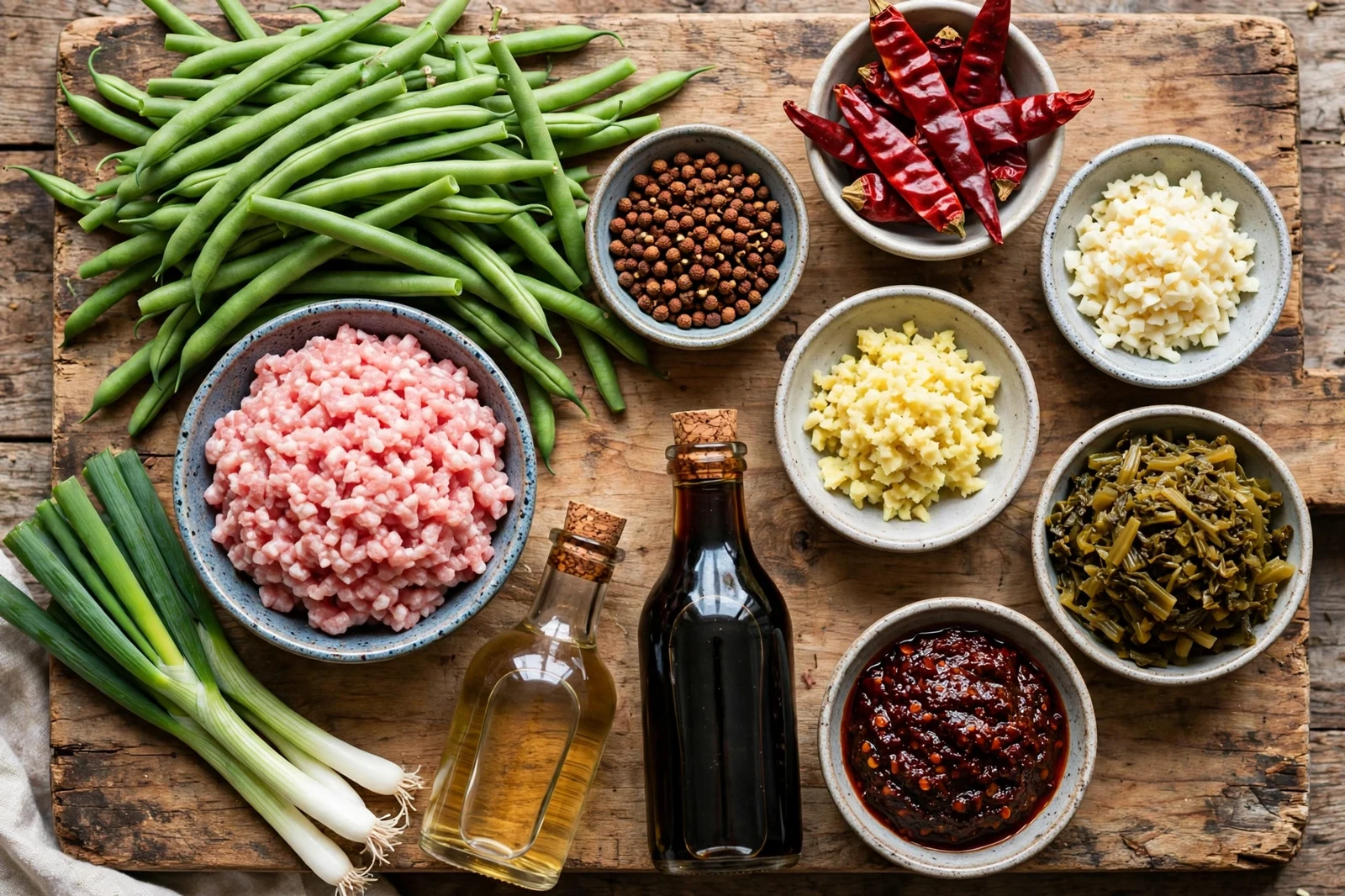 Ingredients for Sichuan dry-fried green beans on a wooden board: fresh trimmed green beans, a bowl of raw ground pork, small bowls of Sichuan peppercorns, dried red chilies, minced garlic, minced ginger, preserved mustard greens and chili bean paste, bottles of soy sauce and cooking wine, and scallions