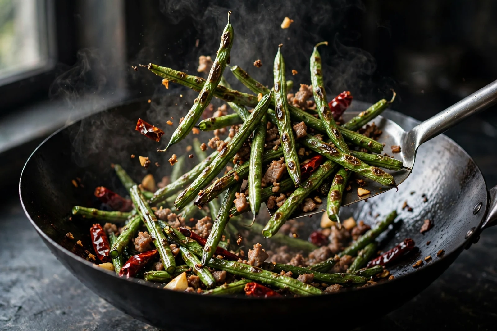 Sichuan dry-fried green beans being tossed in a black carbon steel wok with a metal spatula, blistered green beans lifted in the air with crisp minced pork, dried red chilies and garlic, steam rising