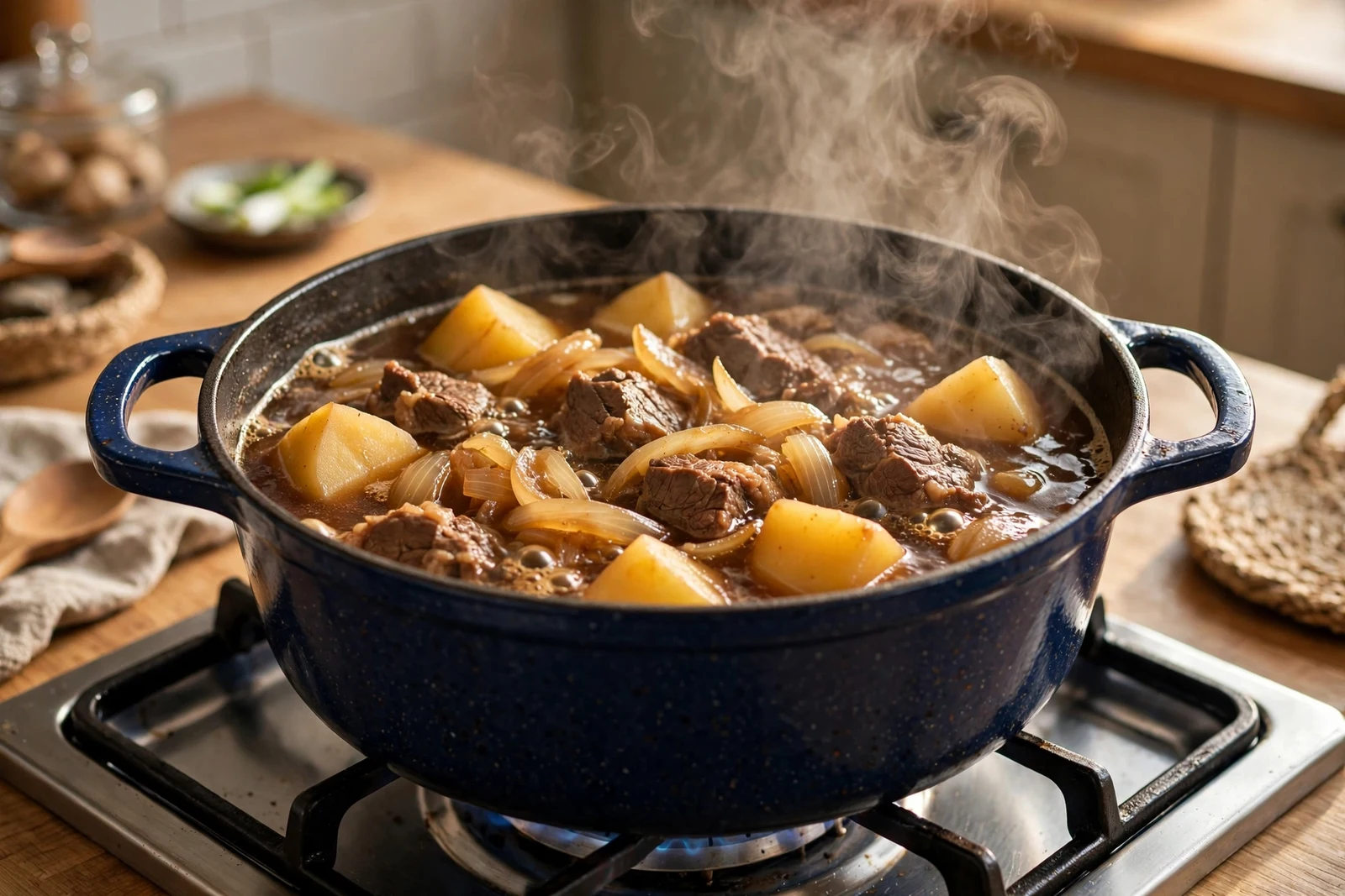 Beef, potatoes, and onions simmering in a savory broth in a pot on a stovetop
