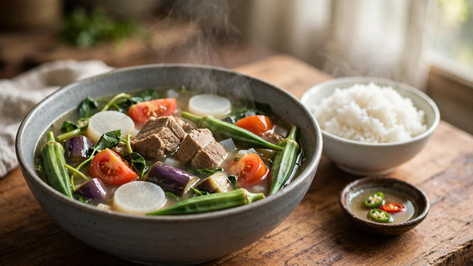 Steaming bowl of Sinigang Filipino sour soup with tender pork pieces, quartered red tomatoes, white daikon radish rounds, glossy purple eggplant chunks, whole okra, and green water spinach leaves in light tamarind broth, with a bowl of steamed white rice and a small dish of sliced chilies in fish sauce beside it