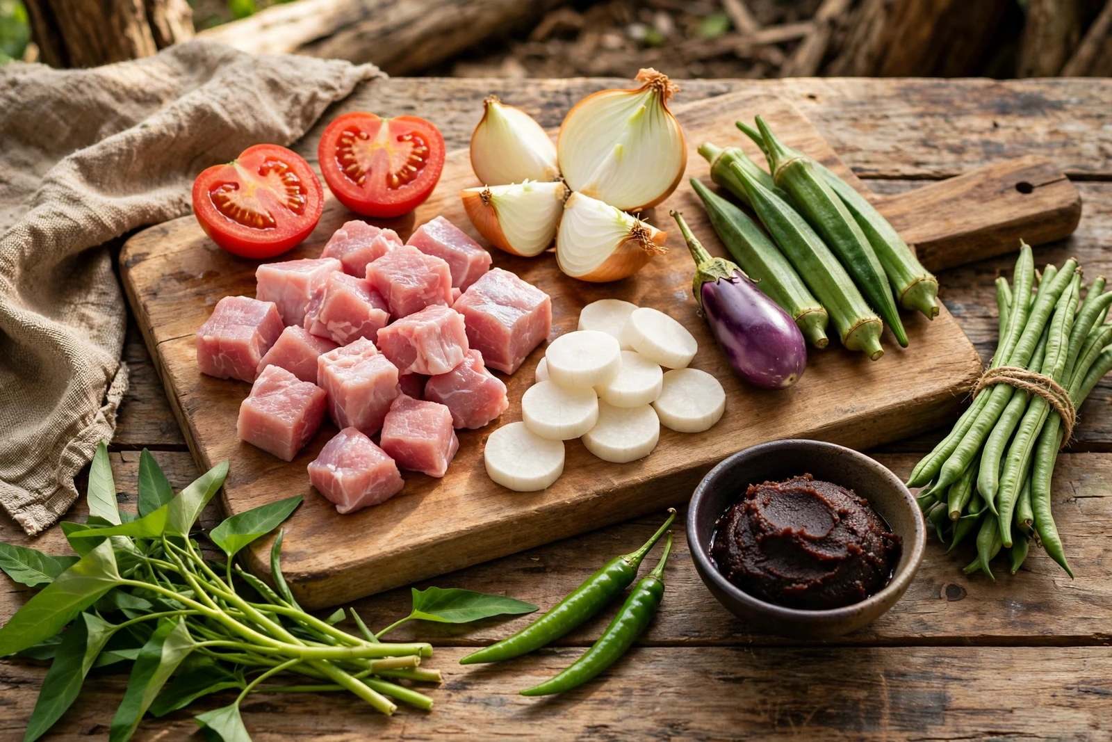 Raw Sinigang ingredients on a wooden cutting board: cubed pork shoulder, halved tomatoes, quartered yellow onion, sliced daikon rounds, a small purple eggplant, whole okra pods, a bundle of long beans, water spinach leaves, green finger chilies, and a small bowl of dark tamarind paste