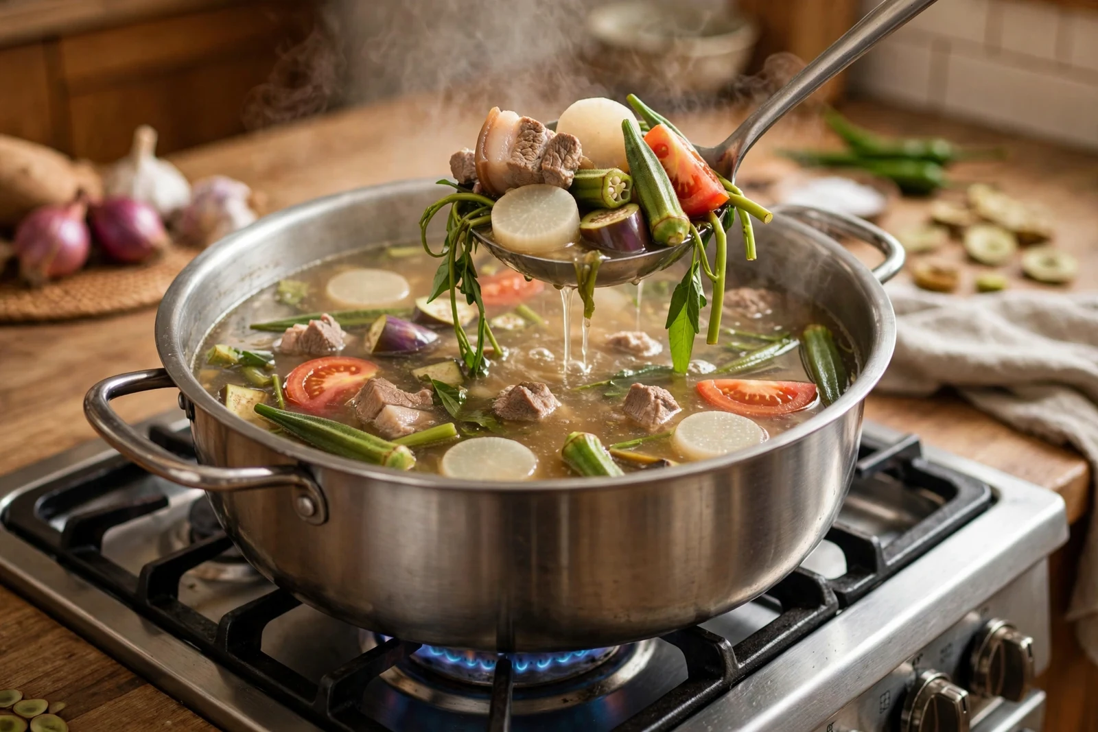 Large stainless pot of Sinigang simmering on a gas stove, a ladle lifting pork, daikon rounds, okra, eggplant, tomato, and water spinach from clear tamarind broth, steam rising in a home kitchen