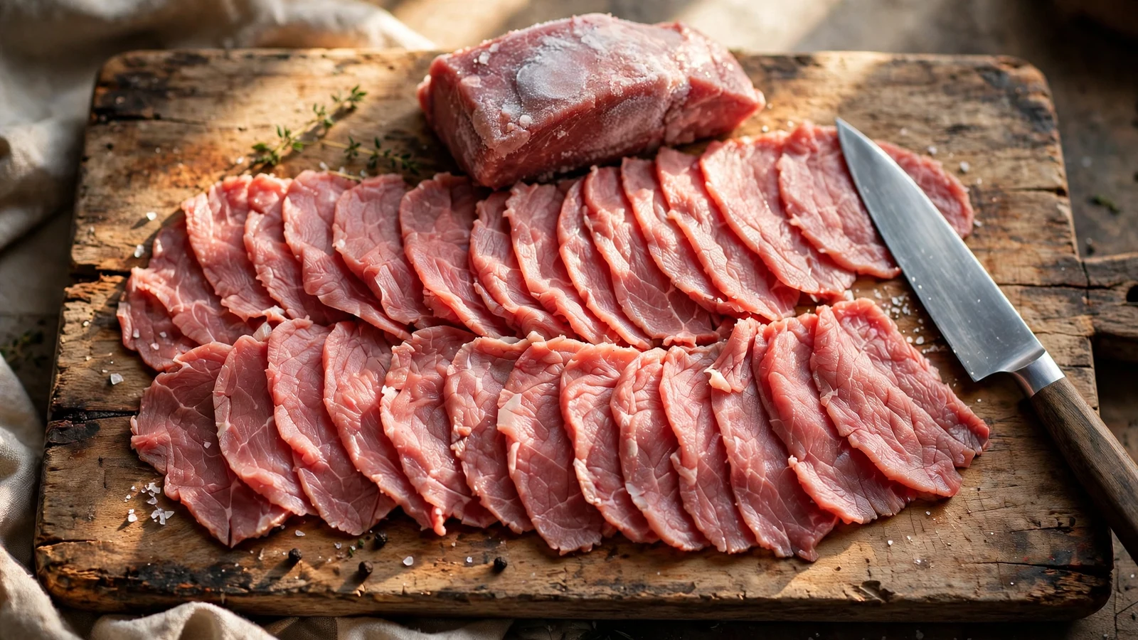 Overhead view of paper-thin beef slices fanned in overlapping rows across a wooden cutting board beside a sharp chef's knife, with a partially frozen piece of beef resting at the back of the board