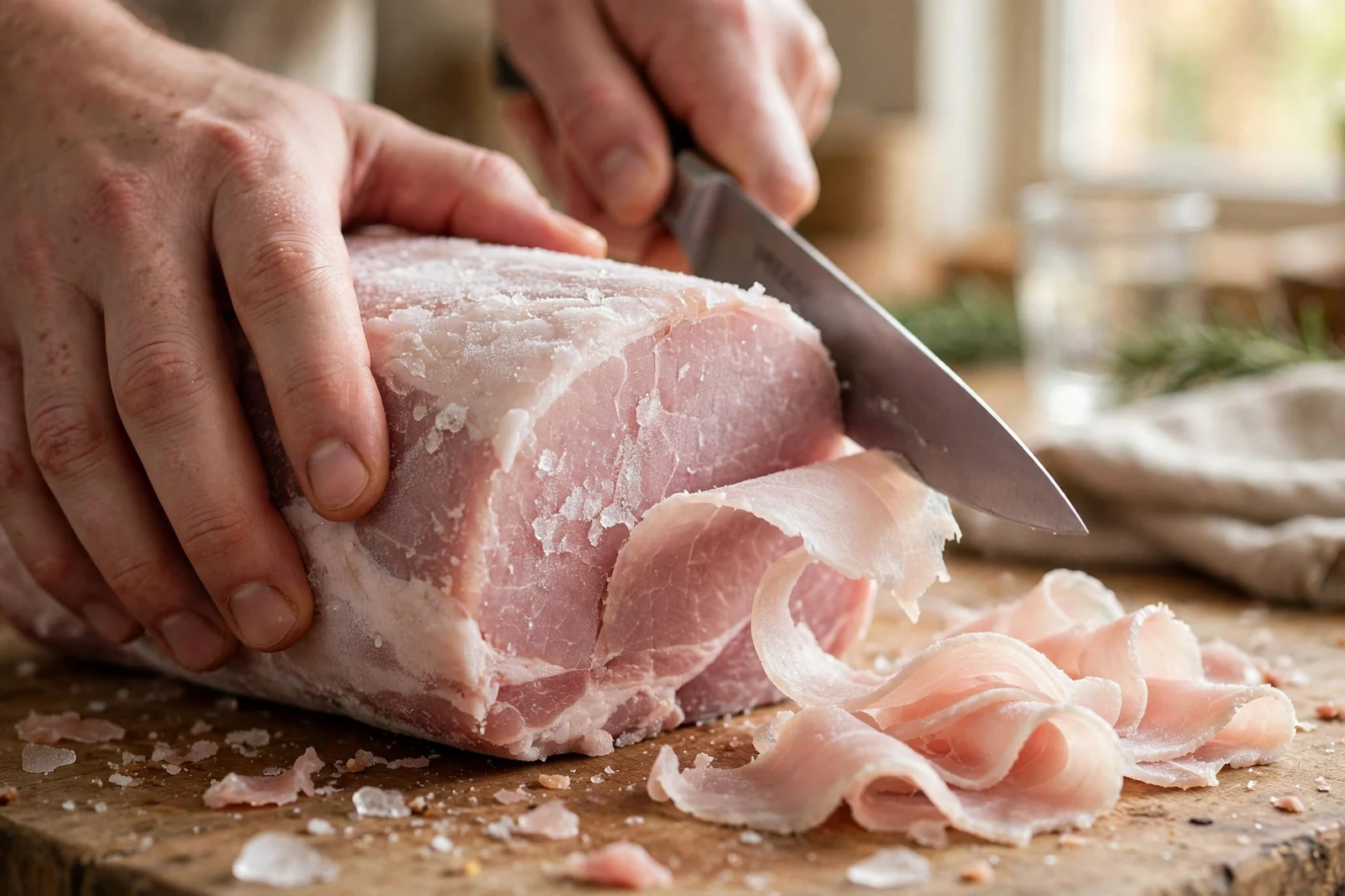 Hands steadying a partially frozen pork loin with a claw grip while a sharp chef's knife shaves off a paper-thin slice, thin translucent slices curling on a wooden cutting board