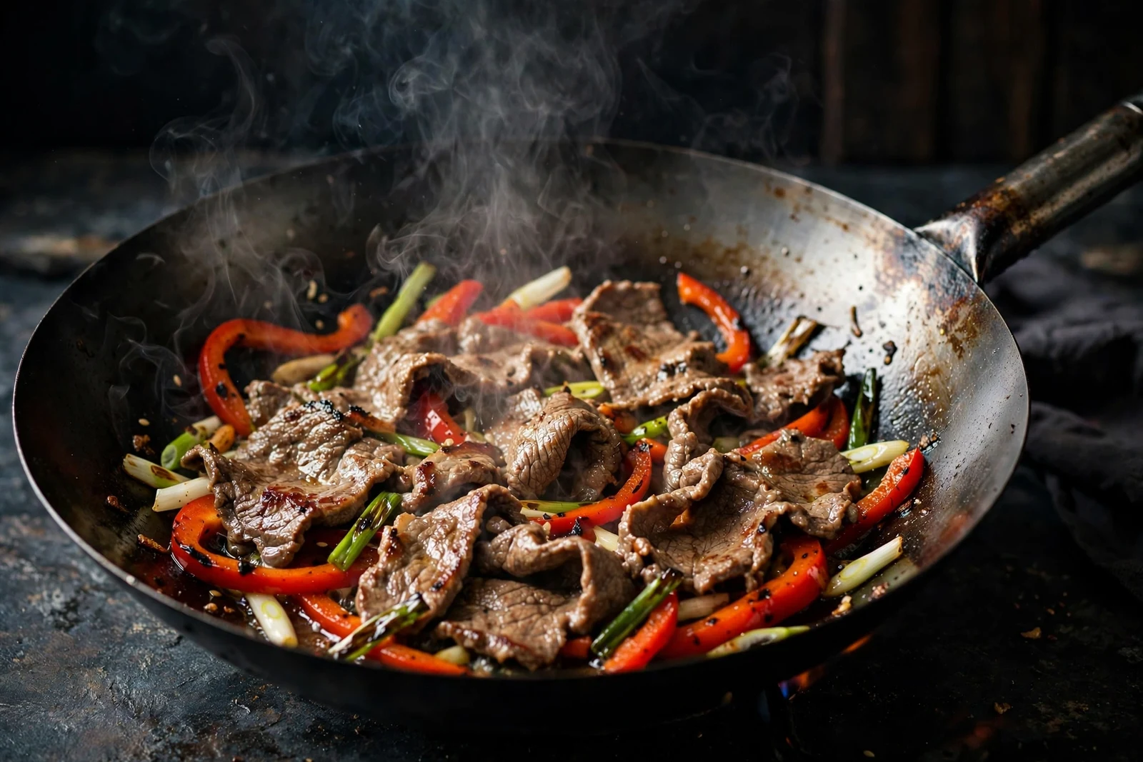 Paper-thin beef slices searing in a hot carbon steel wok with lightly charred edges, sliced red bell peppers and scallions, wisps of steam rising