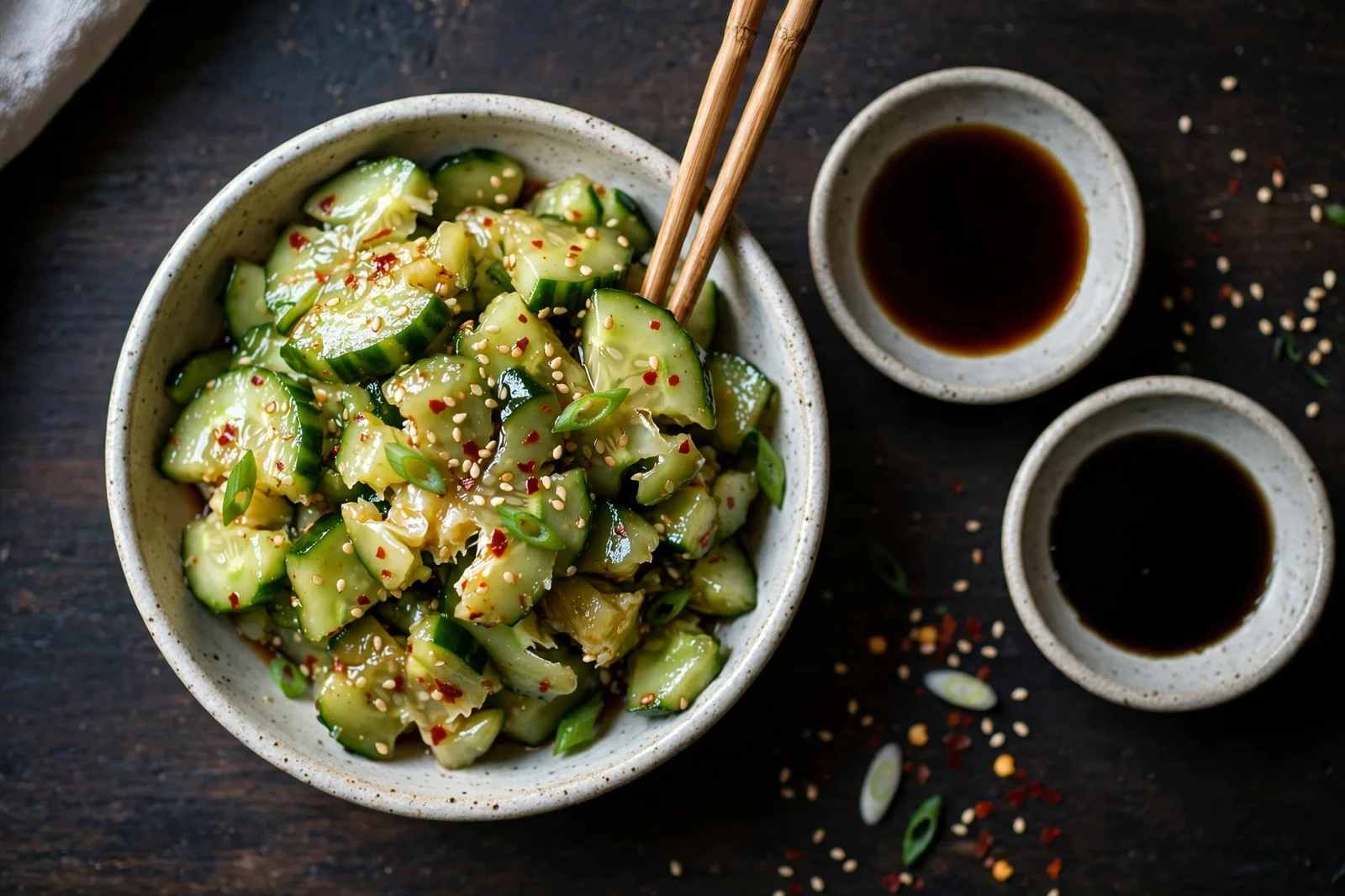 Smashed cucumber salad tossed with garlicky soy dressing, sesame seeds, and scallions, served in a ceramic dish