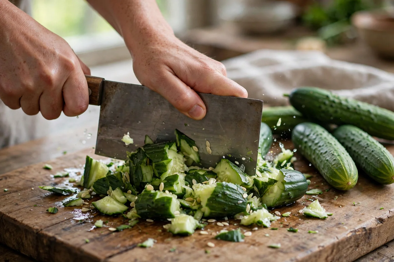 Smashing a cucumber with the flat side of a cleaver on a wooden cutting board